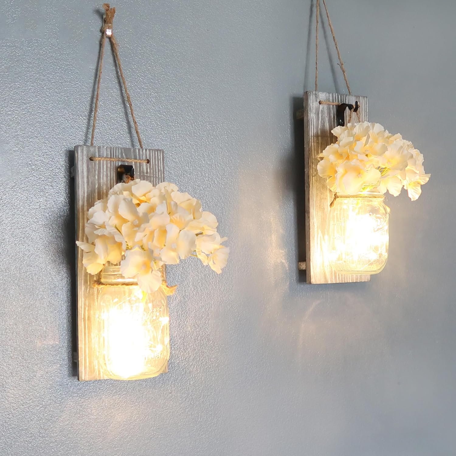 Besuerte Rustic Wooden Wall Hanging Decor with LED String Lights for Modern Living Room and Bedroom, Inspirational Country Style Vintage Wall Decoration Art, 6 Hour Timer Set of 2 Grey - Image 5