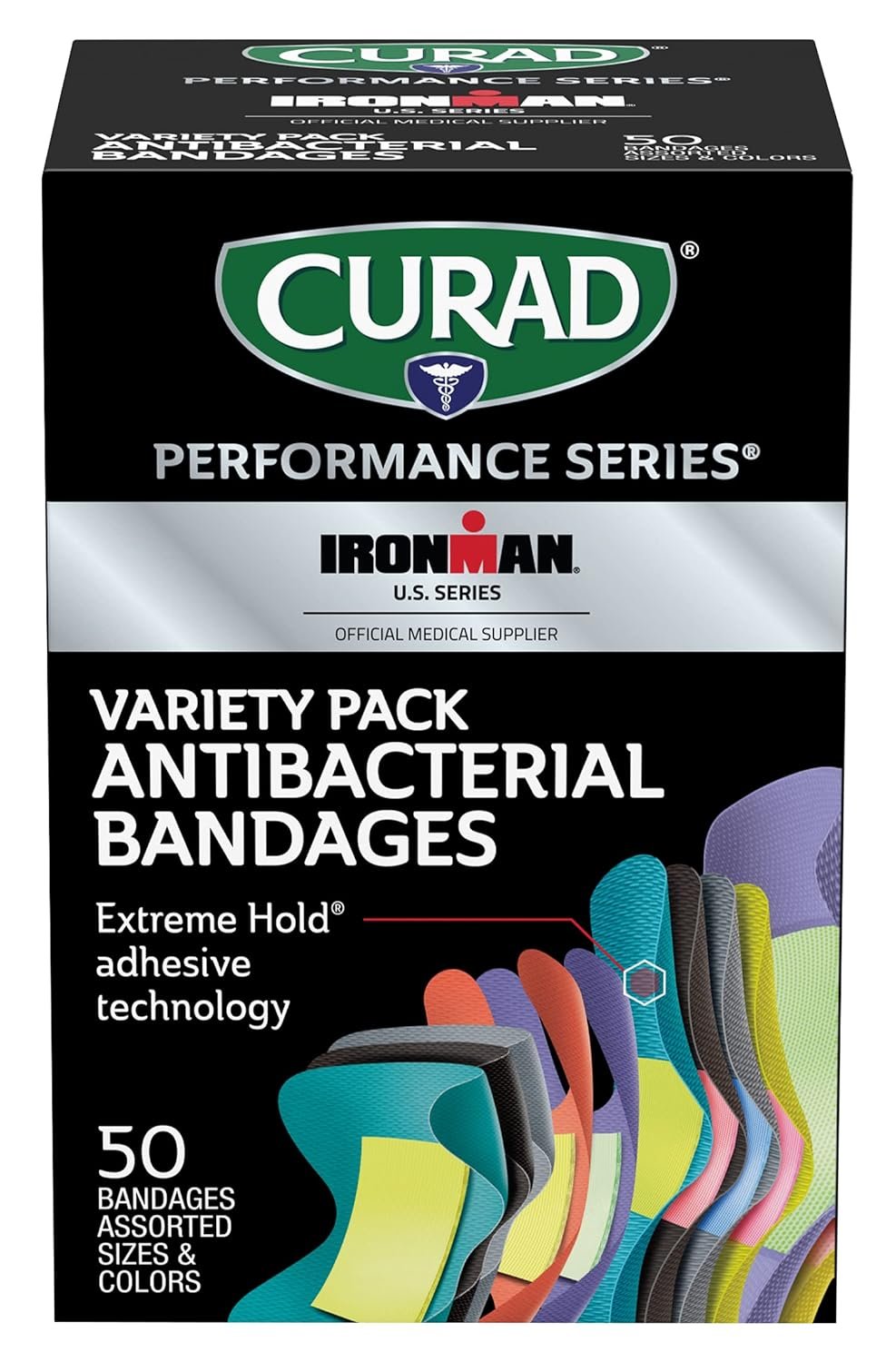 CURAD Performance Series IRONMAN Antibacterial Bandages, Extreme Hold Adhesive Technology, Finger & Knuckle Bandages, Flexible Fabric, Variety Pack with Assorted Sizes & Colors, 50 Count - Image 3
