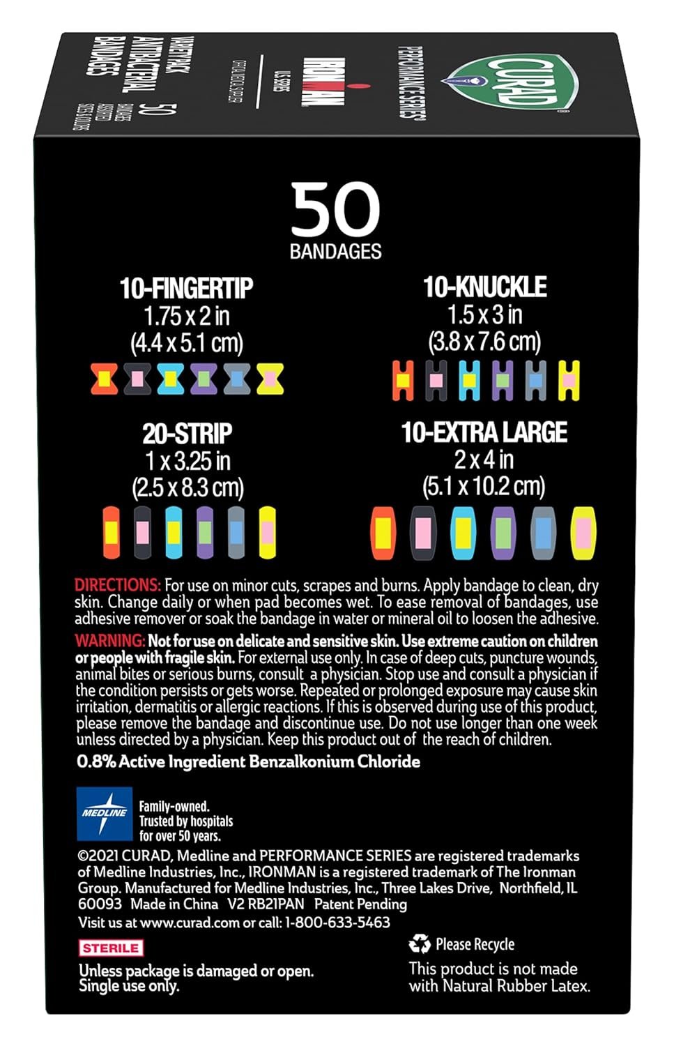 CURAD Performance Series IRONMAN Antibacterial Bandages, Extreme Hold Adhesive Technology, Finger & Knuckle Bandages, Flexible Fabric, Variety Pack with Assorted Sizes & Colors, 50 Count - Image 4