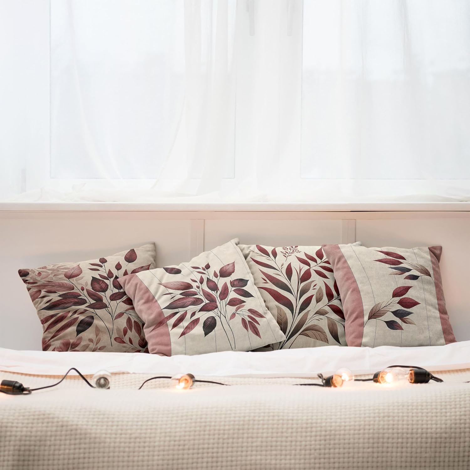 Ambesonne Leaves Throw Pillow Cushion Cover Set of 4, Romantic Autumn Branches in Wine Colors Rustic Botanical Pattern, Decorative Accent Double-Sided Printing, 24", Dried Rose Dark Tan and Ivory - Image 8