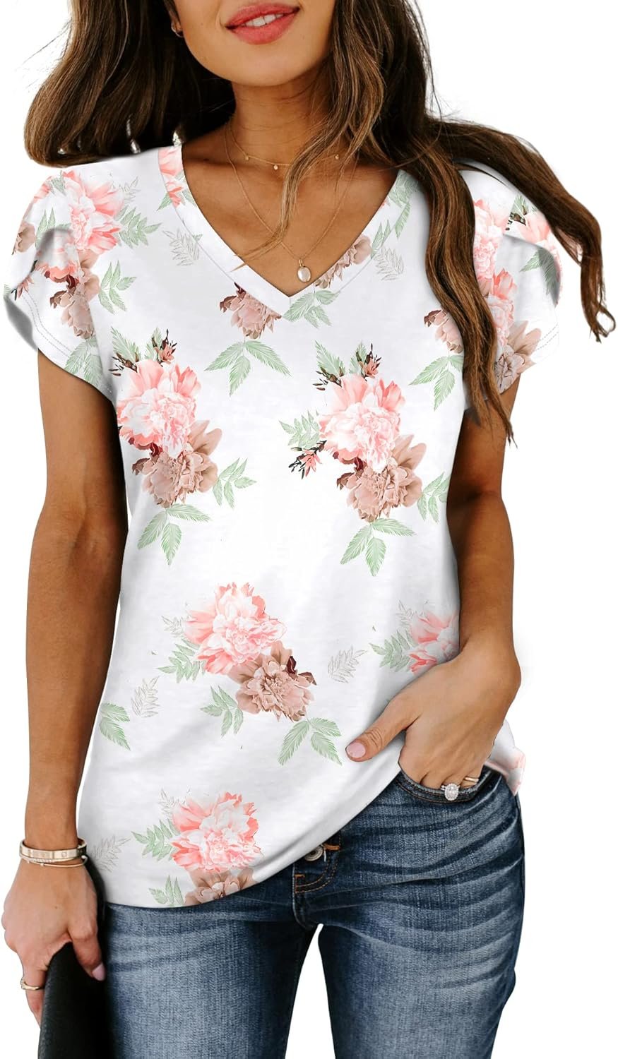 WIHOLL Womens Summer Tops 2024 Fashion Trendy Short Sleeve Shirts V Neck Dressy Casual Floral - Image 3