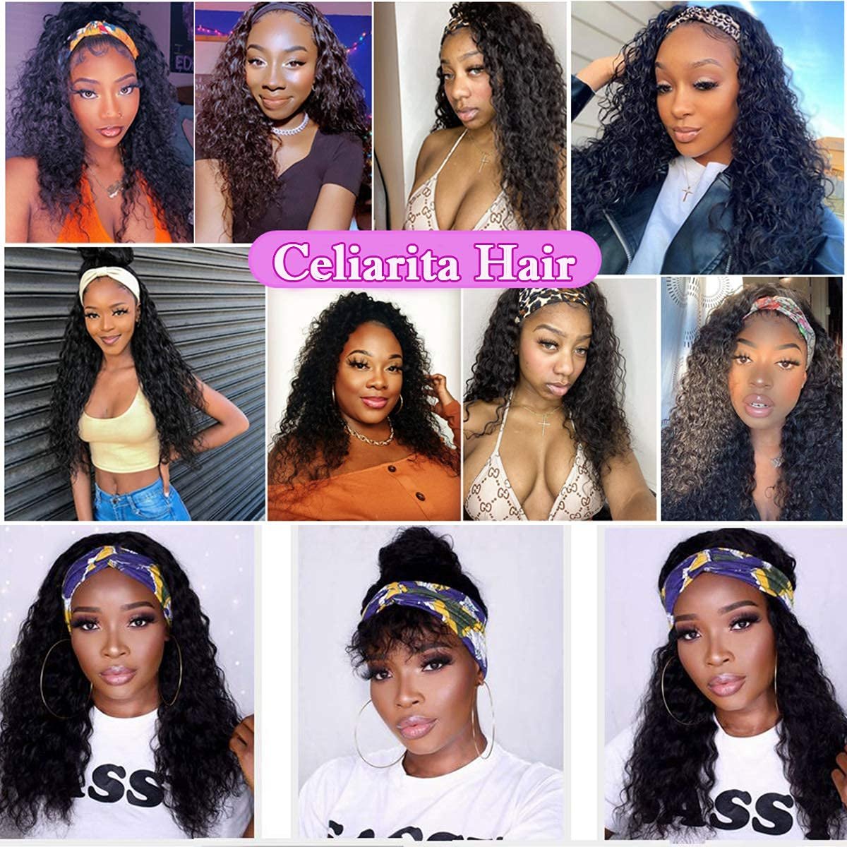 Headband Wig Human Hair Deep Wave 16inch Non Lace Front Wig Human Hair Machine Made Wigs Glueless Brazilian Curly Wig Human Hair Headband Half Wigs for Black Women Natural Color - Image 6