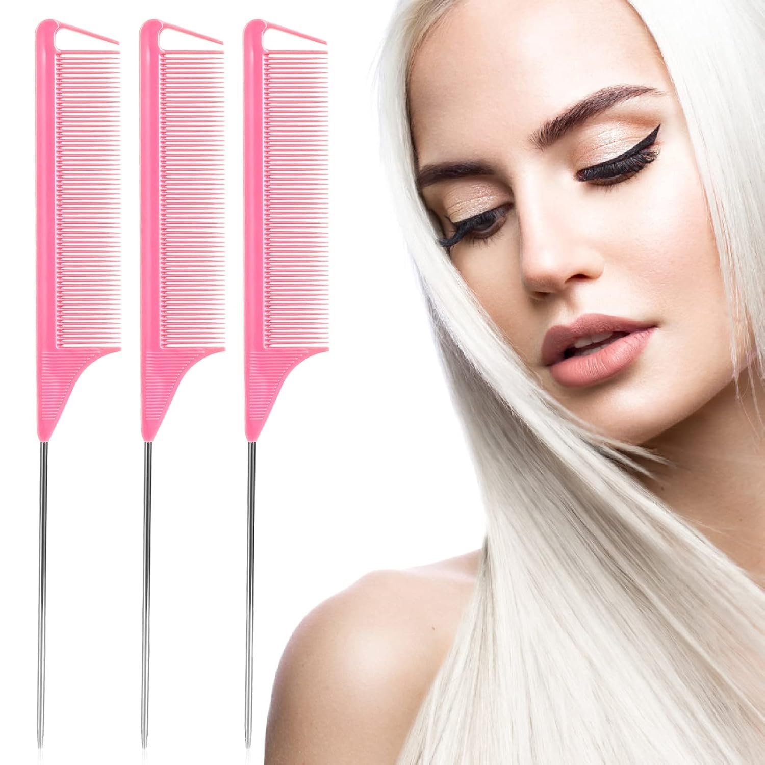 Rat Tail Combs Set - 3 Pack Long Steel Pin Combs for Hair Stylists, Parting and Teasing, Great for All Hair Types (Pink) - Image 3