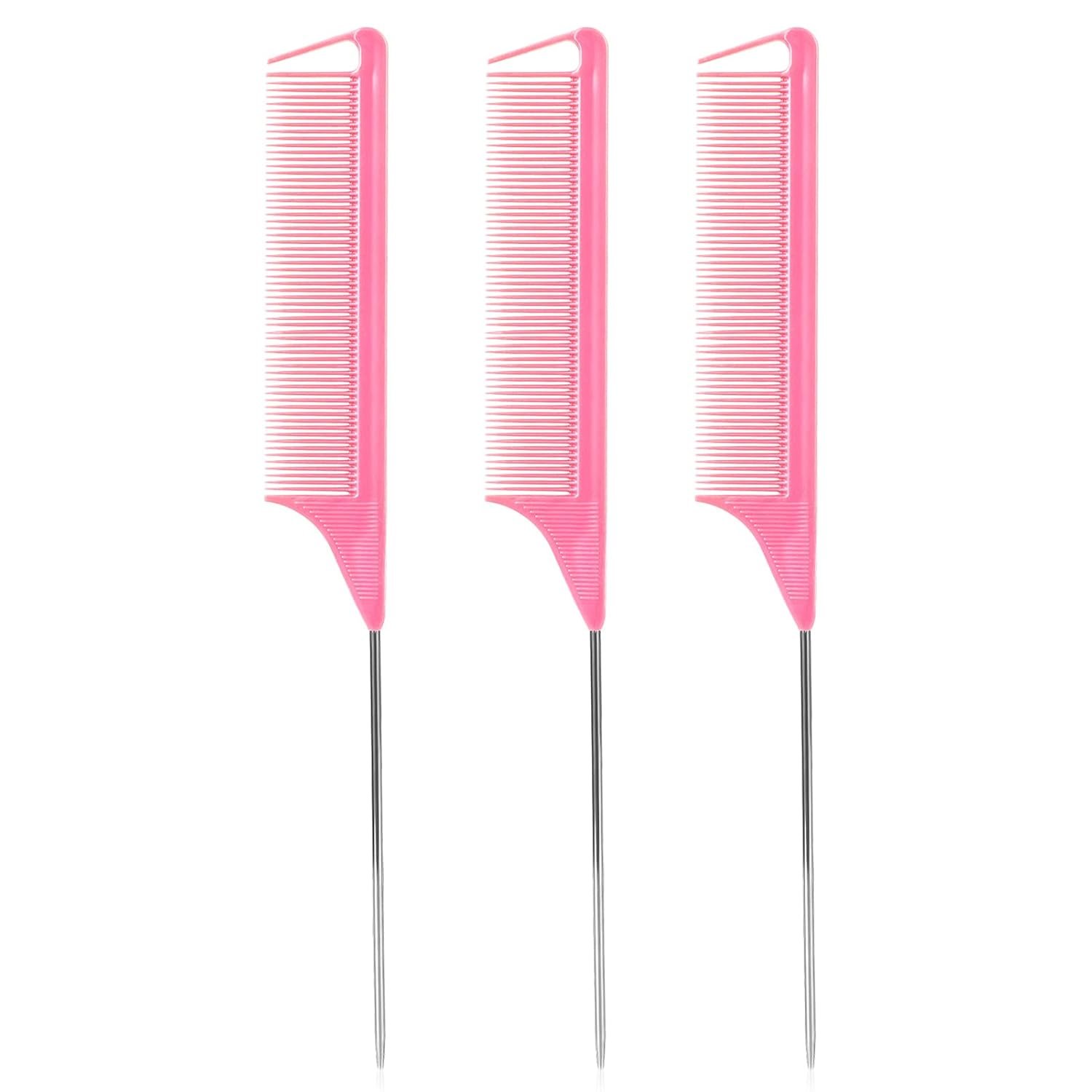 Rat Tail Combs Set - 3 Pack Long Steel Pin Combs for Hair Stylists, Parting and Teasing, Great for All Hair Types (Pink) - Image 5