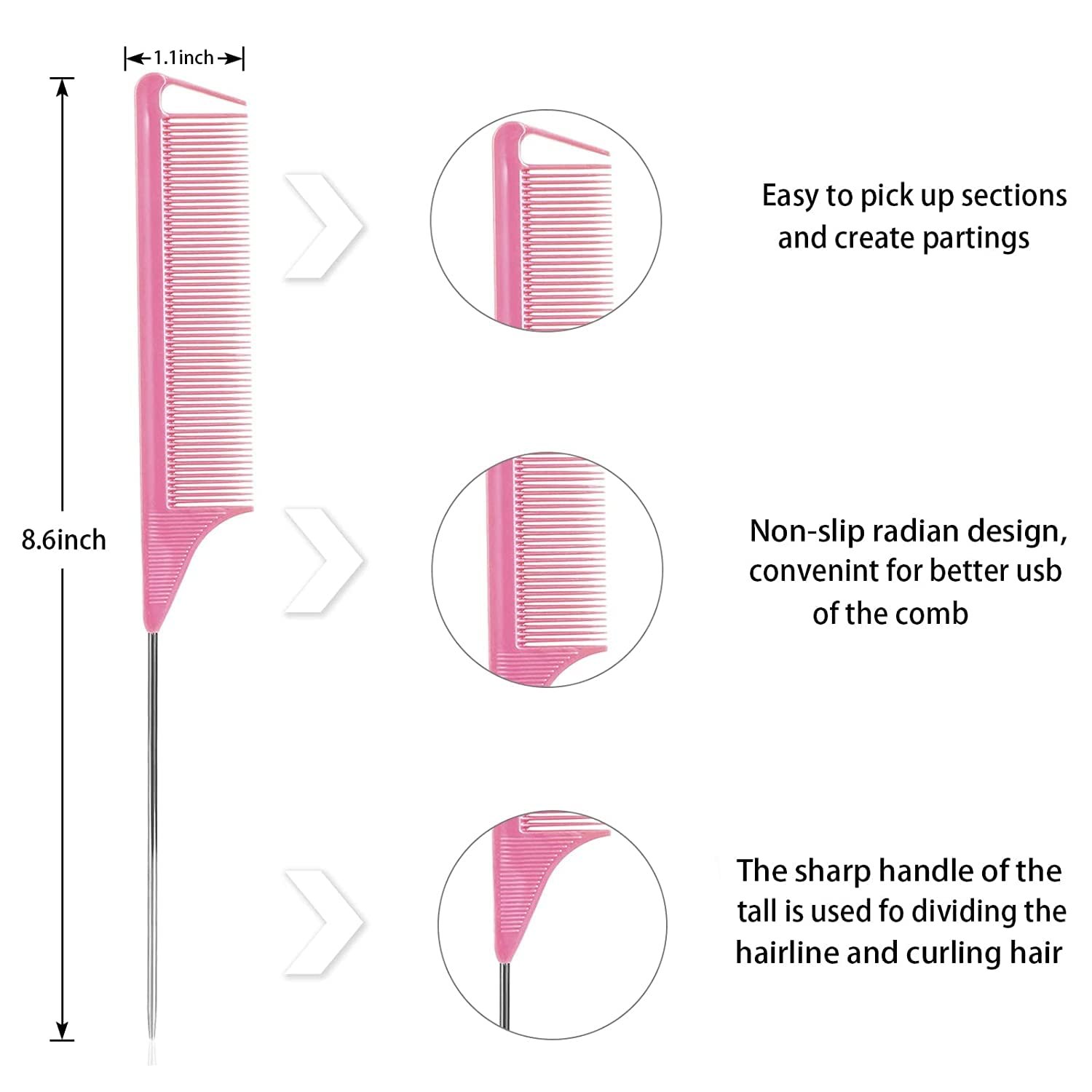Rat Tail Combs Set - 3 Pack Long Steel Pin Combs for Hair Stylists, Parting and Teasing, Great for All Hair Types (Pink) - Image 6