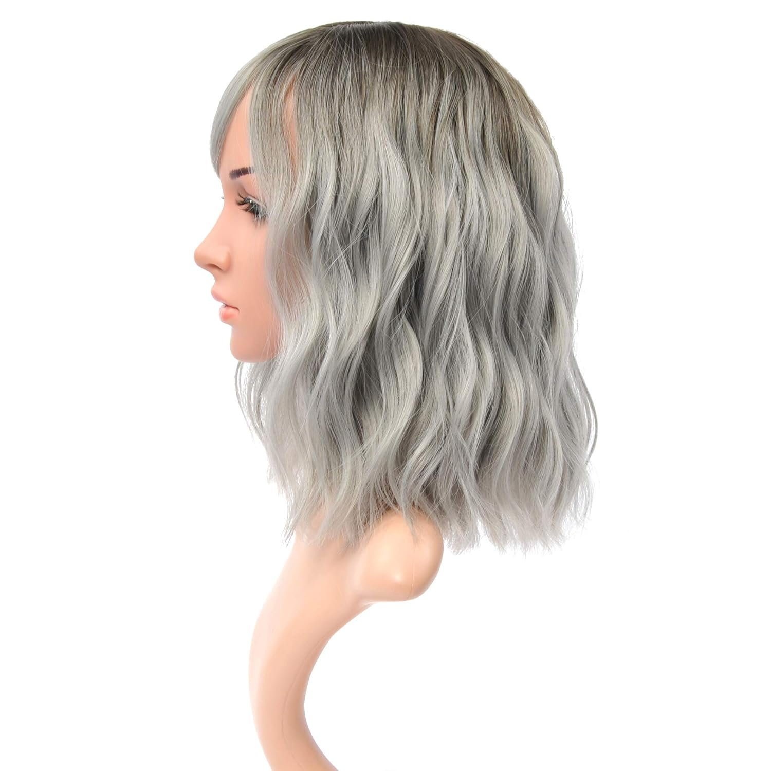 VCKOVCKO Ombre Color Natural Wavy Wig With Air Bangs Black to Gray Colorful Short Bob Wigs for Women's Shoulder Length Wigs Curly Wavy Cosplay Wig Bob Wig for Girls(12",Black-Gray) - Image 4