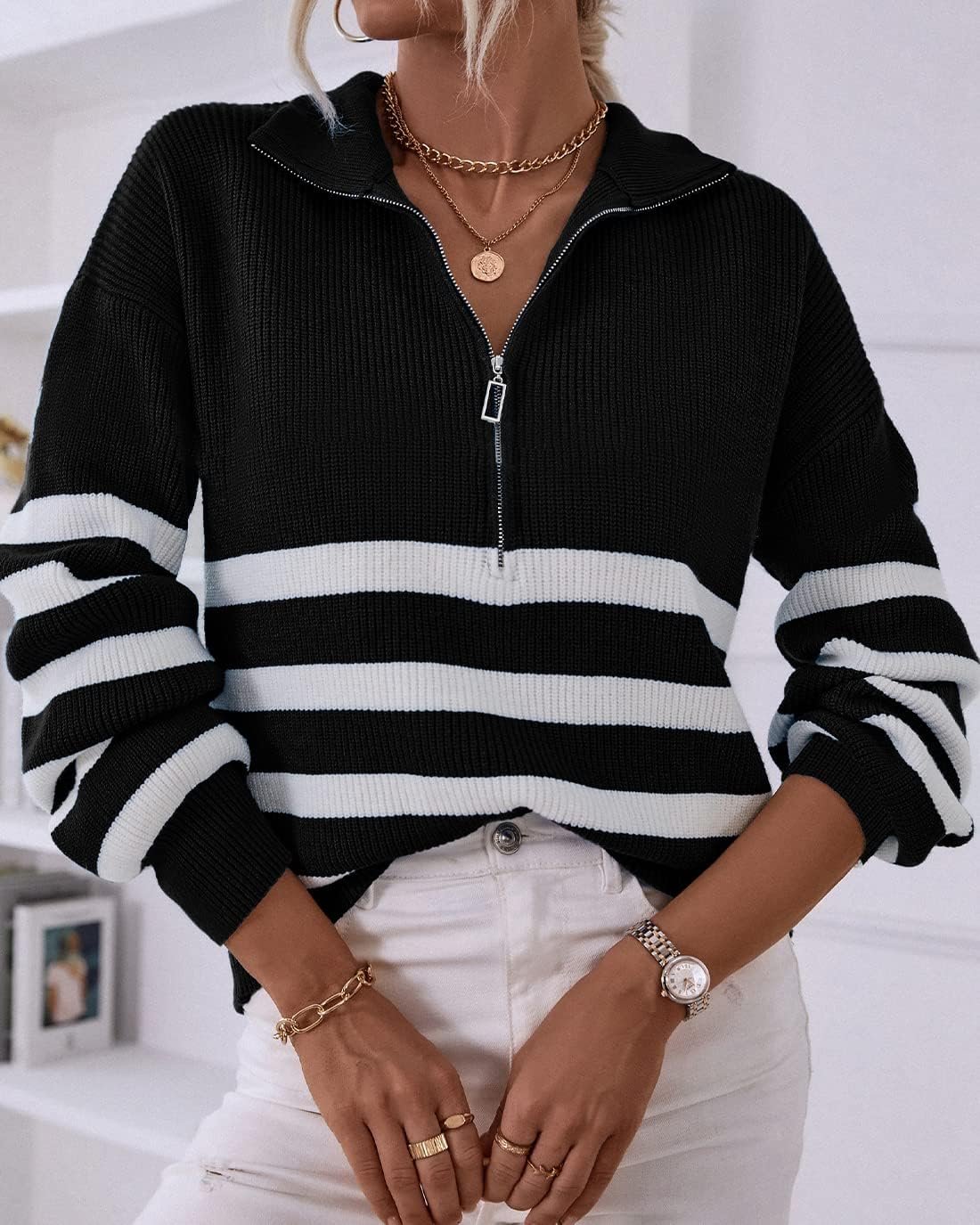 BTFBM Women 2024 Casual Long Sleeve Zip Striped Pullover Sweaters V Neck Collar Ribbed Knit Fall Winter Slouchy Jumpers - Image 4