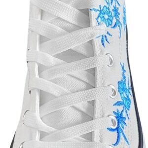 Women’s Canvas High Top Embroidered Sneakers, Lace Up, White with Blue Floral Embroidery