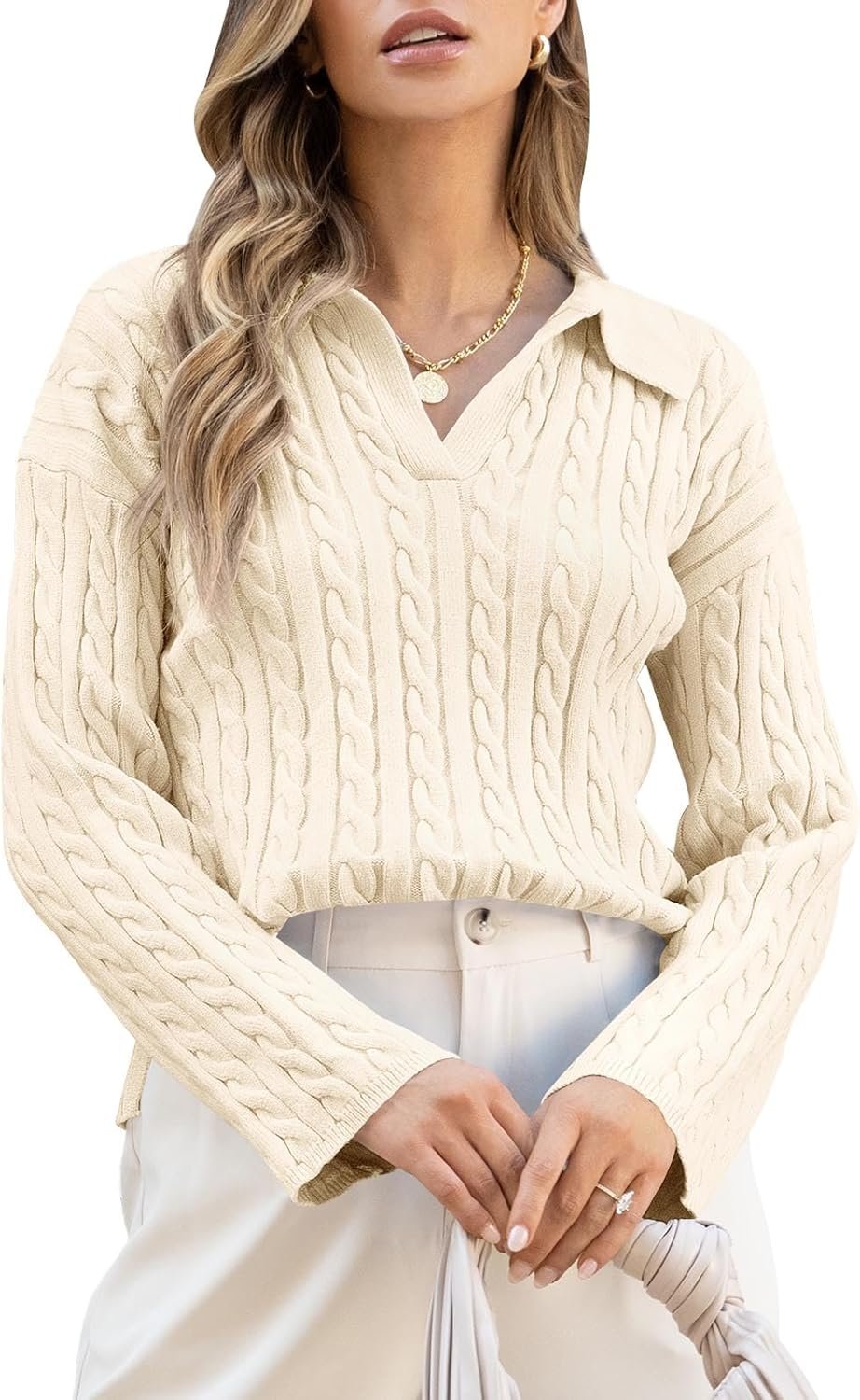 Saodimallsu Womens Cable Knit V Neck Sweater Fall Trendy Collared Long Sleeve Slouchy Loose Pullover Sweaters Tops - Image 3