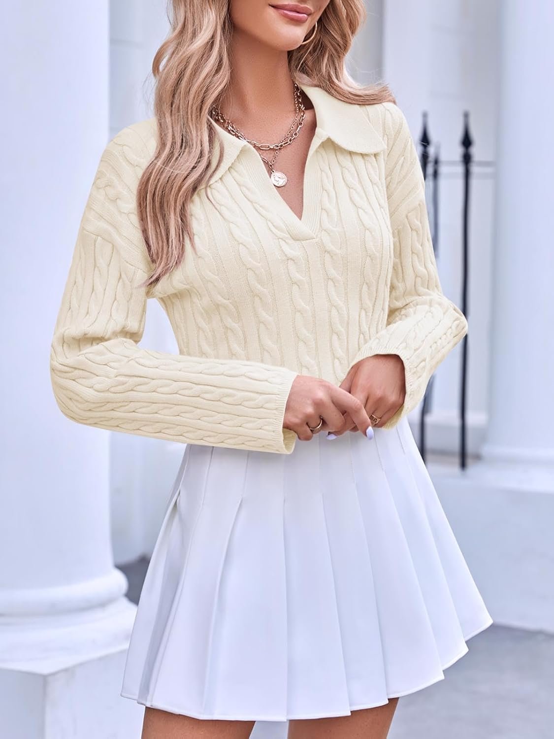 Saodimallsu Womens Cable Knit V Neck Sweater Fall Trendy Collared Long Sleeve Slouchy Loose Pullover Sweaters Tops - Image 6