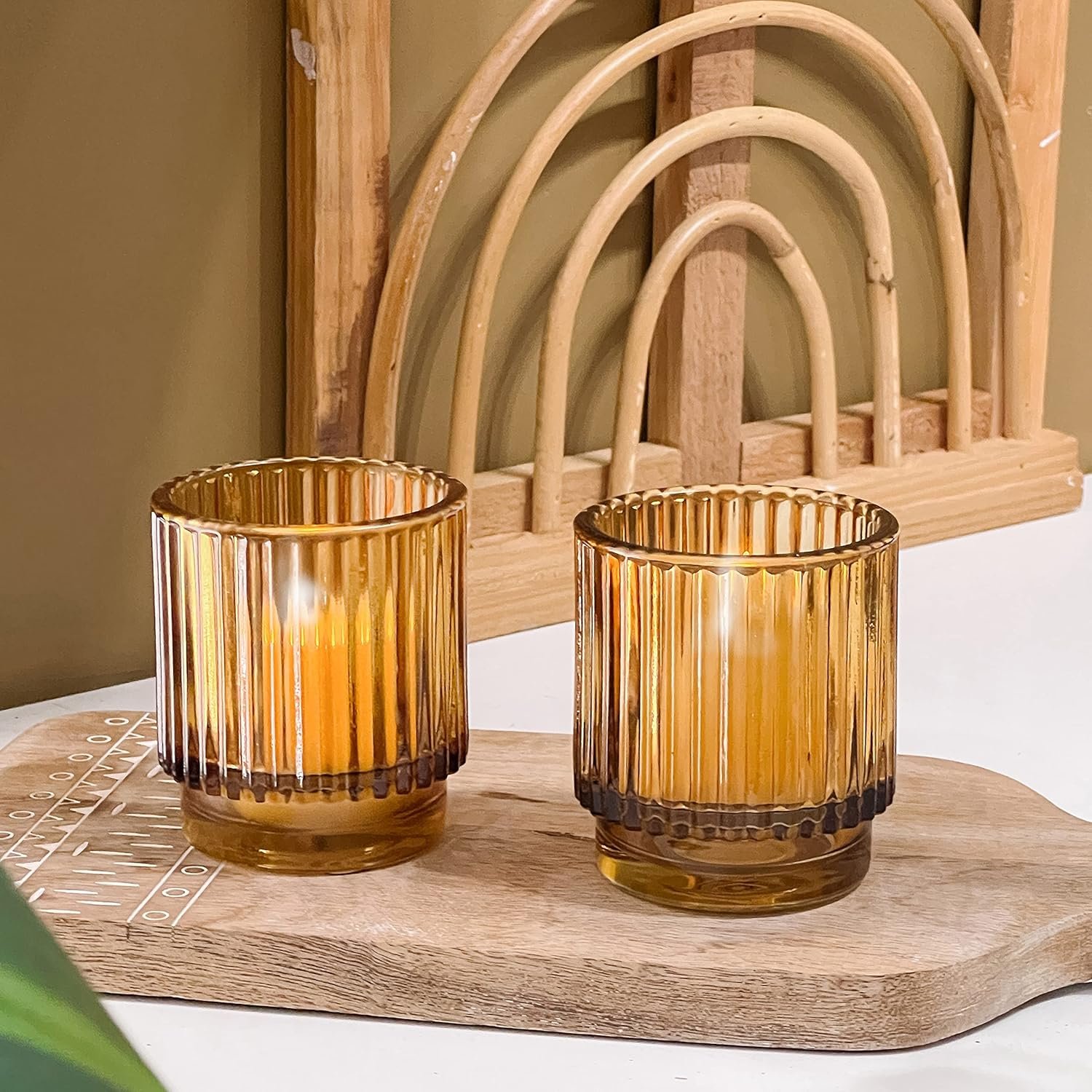 Kate Aspen Vintage Ribbed Amber Glass Tealight & Votive Candle Holders (Set of 6), Fall Decor, Boho Decor, Shelf Decoration (27206AB) - Image 3