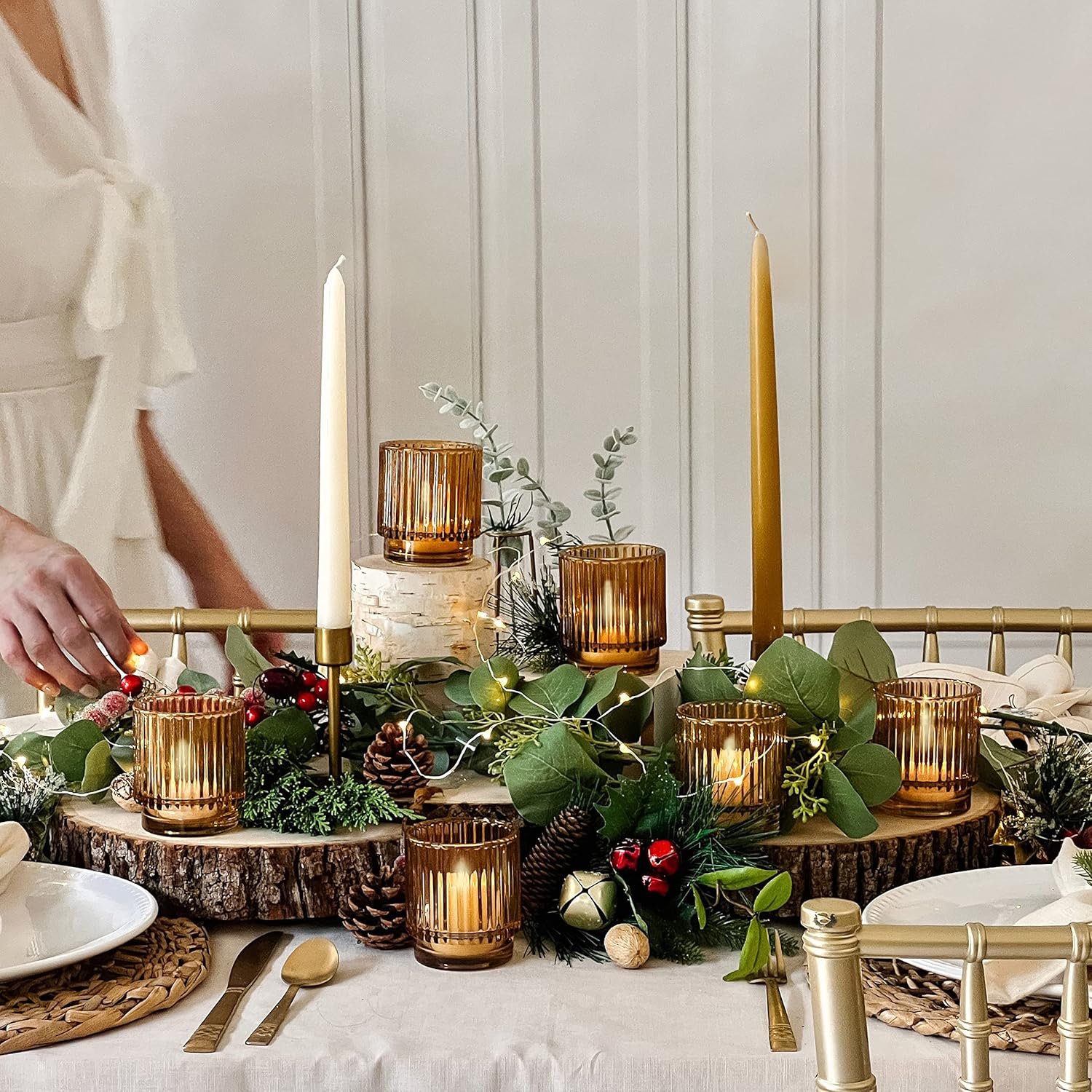 Kate Aspen Vintage Ribbed Amber Glass Tealight & Votive Candle Holders (Set of 6), Fall Decor, Boho Decor, Shelf Decoration (27206AB) - Image 4