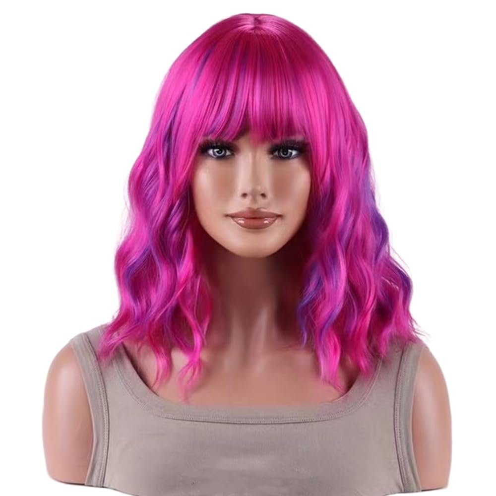 AneShe Short Colored Bob Wavy Wig for Women Curly Shoulder Length Bob Synthetic Wig Colorful Costume Wigs for Party Cosplay (14" Rose Mixed Purple) - Image 2