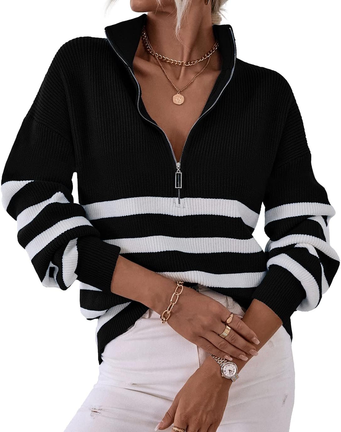 BTFBM Women 2024 Casual Long Sleeve Zip Striped Pullover Sweaters V Neck Collar Ribbed Knit Fall Winter Slouchy Jumpers - Image 2