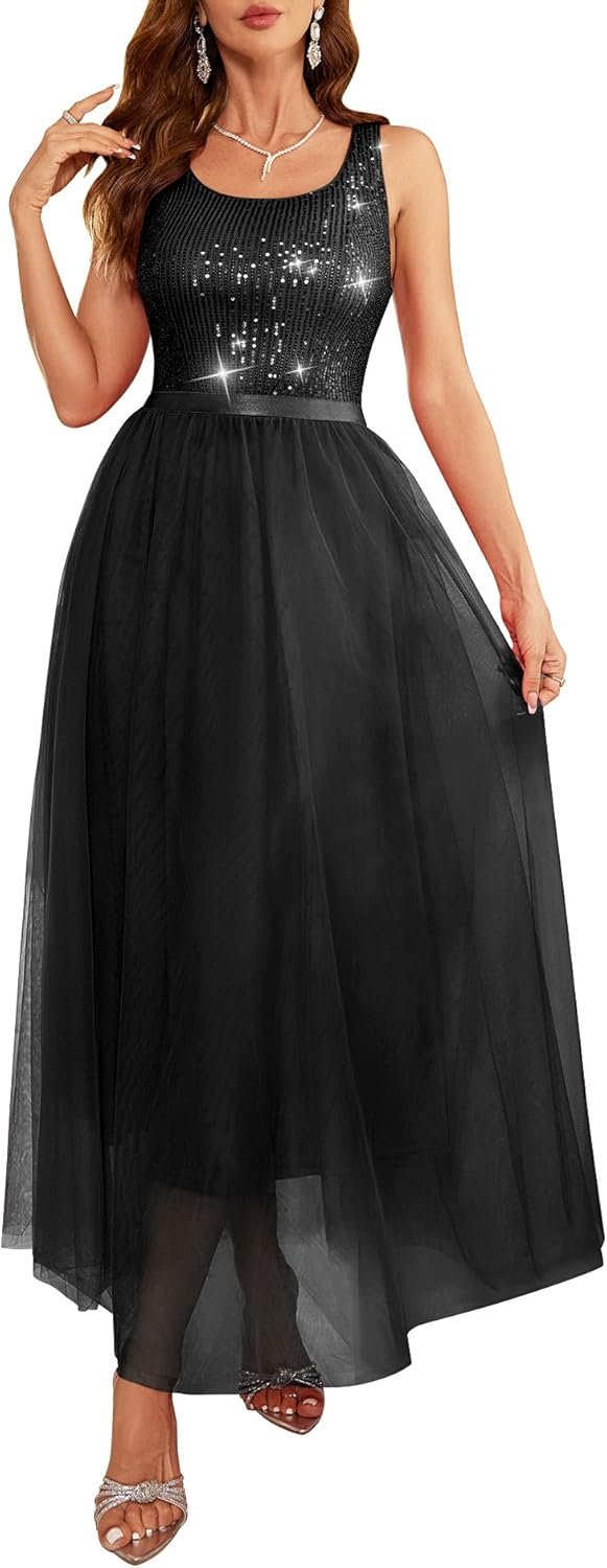 BeryLove Sequin Dress for Woman Vintage A Line Wedding Formal Swing Mesh Dress Sleeveless Cocktail Maxi Gowns - Image 2
