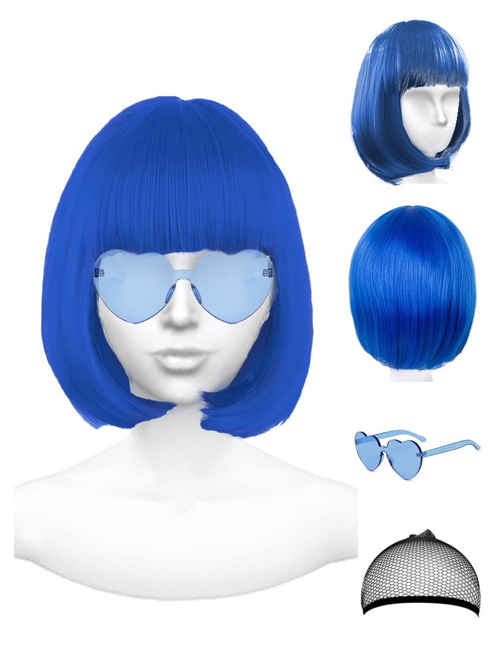 Blue Wig and Party Sunglasses, Color Bob Wig, Cosplay Wigs and Party Wigs, Rainbow Wig with Neon Glasses Blue Wig for Women - Bachelorette Party Wigs Decorations Favors (Blue) - Image 2