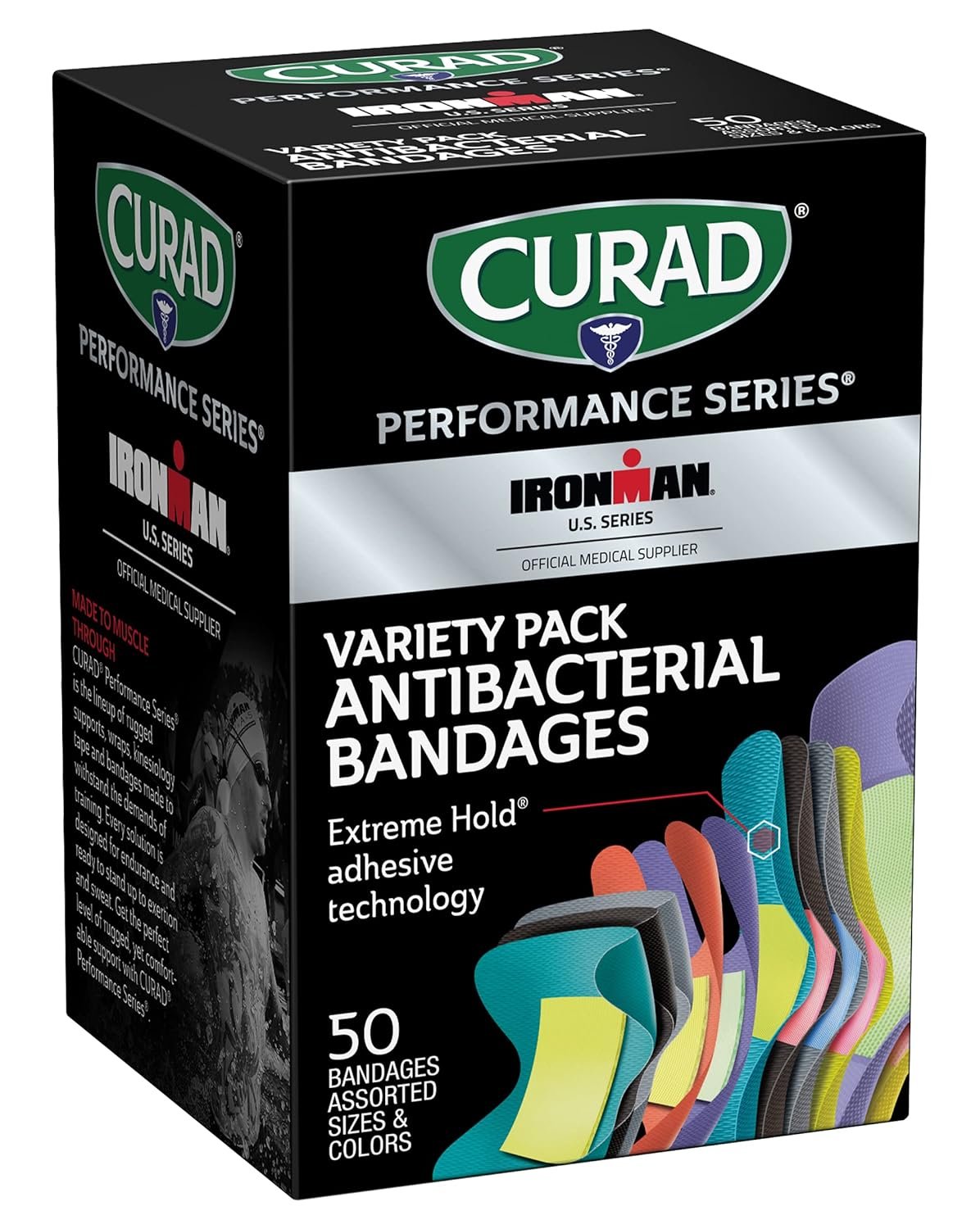 CURAD Performance Series IRONMAN Antibacterial Bandages, Extreme Hold Adhesive Technology, Finger & Knuckle Bandages, Flexible Fabric, Variety Pack with Assorted Sizes & Colors, 50 Count - Image 2