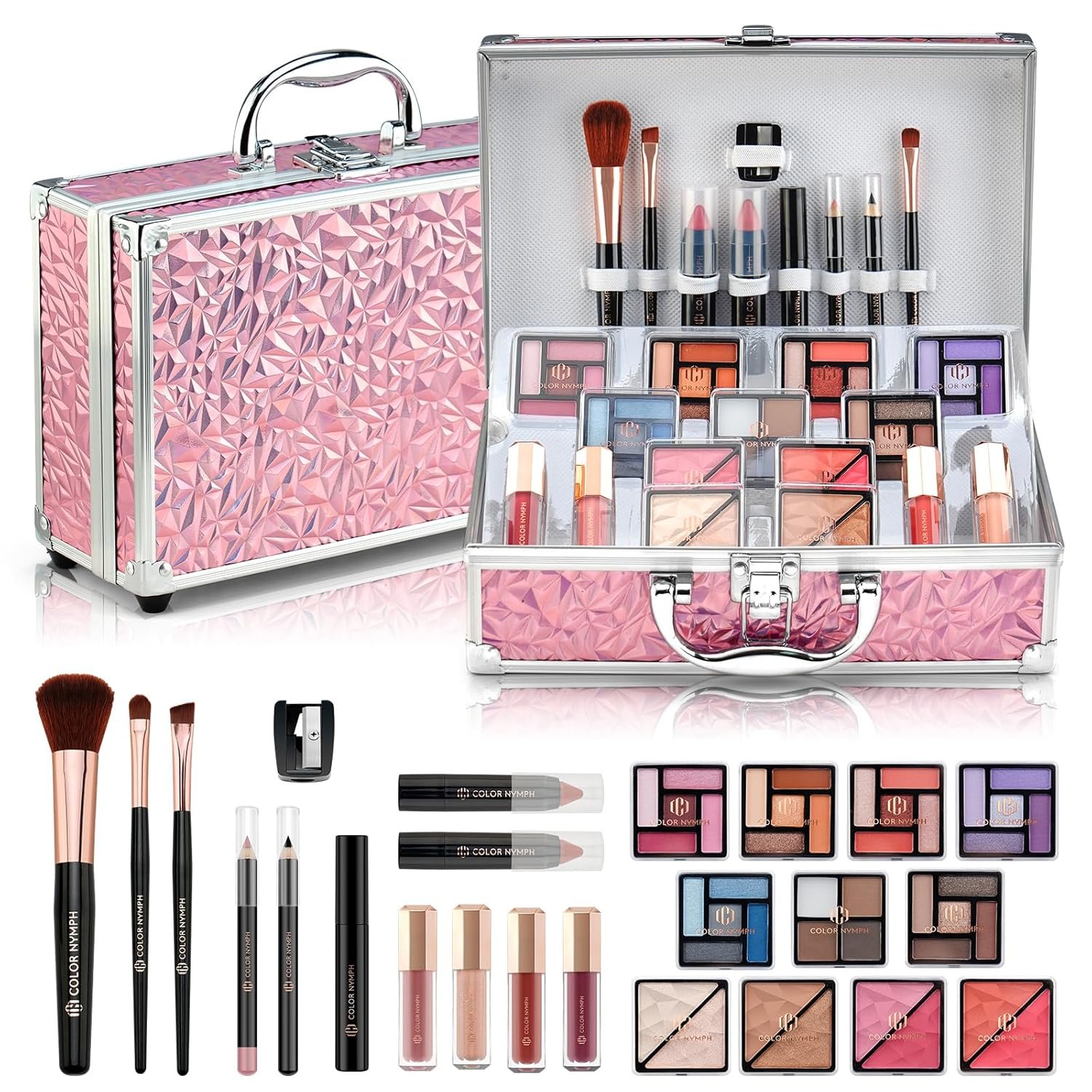 Color Nymph Starter Makeup Kit for Tweens Girls, Train Case for Women Full Kit with Eye Shadow, Lipstick, Blush, Brushes, Lipgloss, Mascara, Brow Wax and Mirror Pink Full Starter Cosmetics Set - Image 2