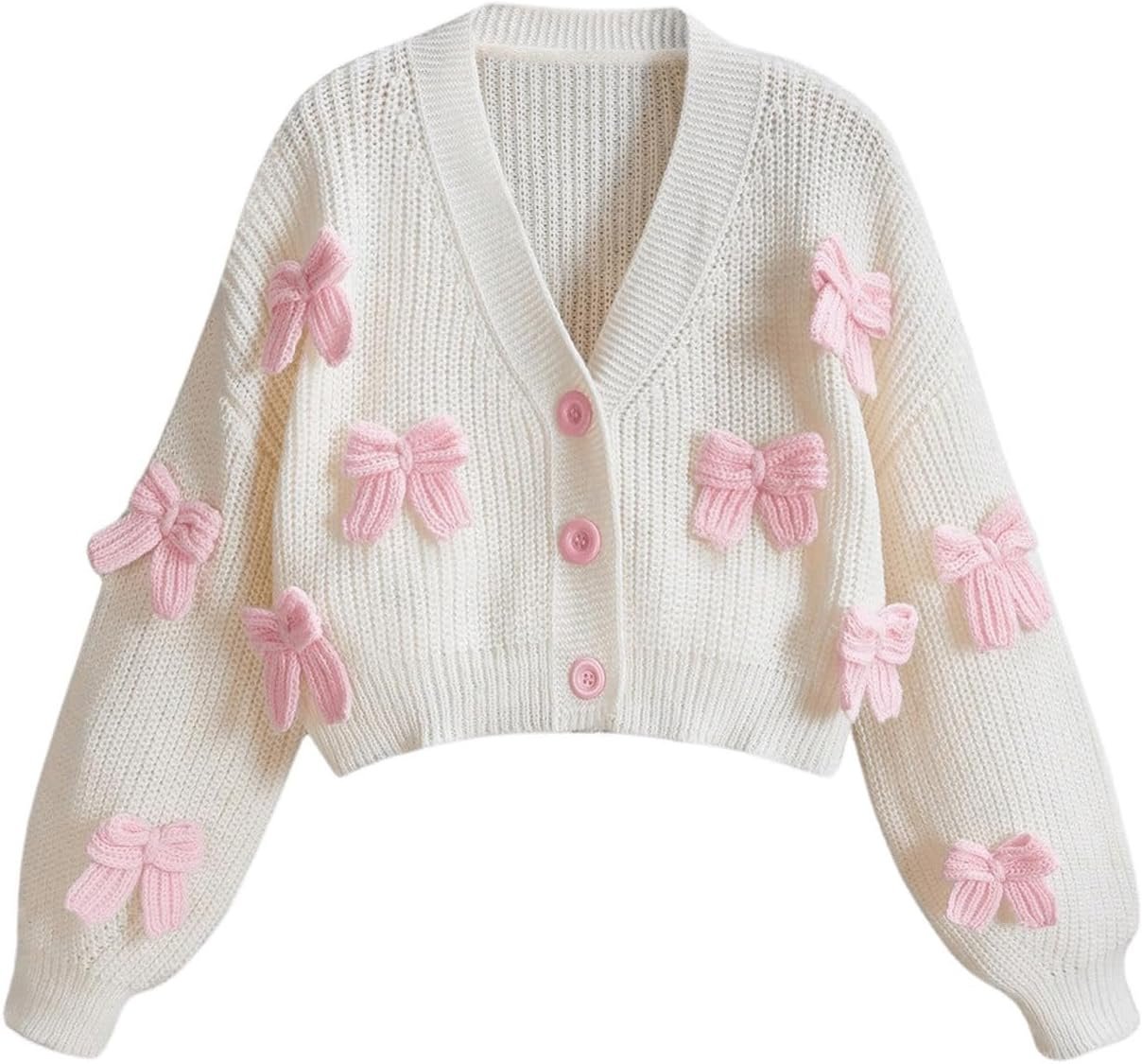 GORGLITTER Women's Cute Bow Cardigan Sweater Long Sleeve V Neck Button Down Pullover Top - Image 2