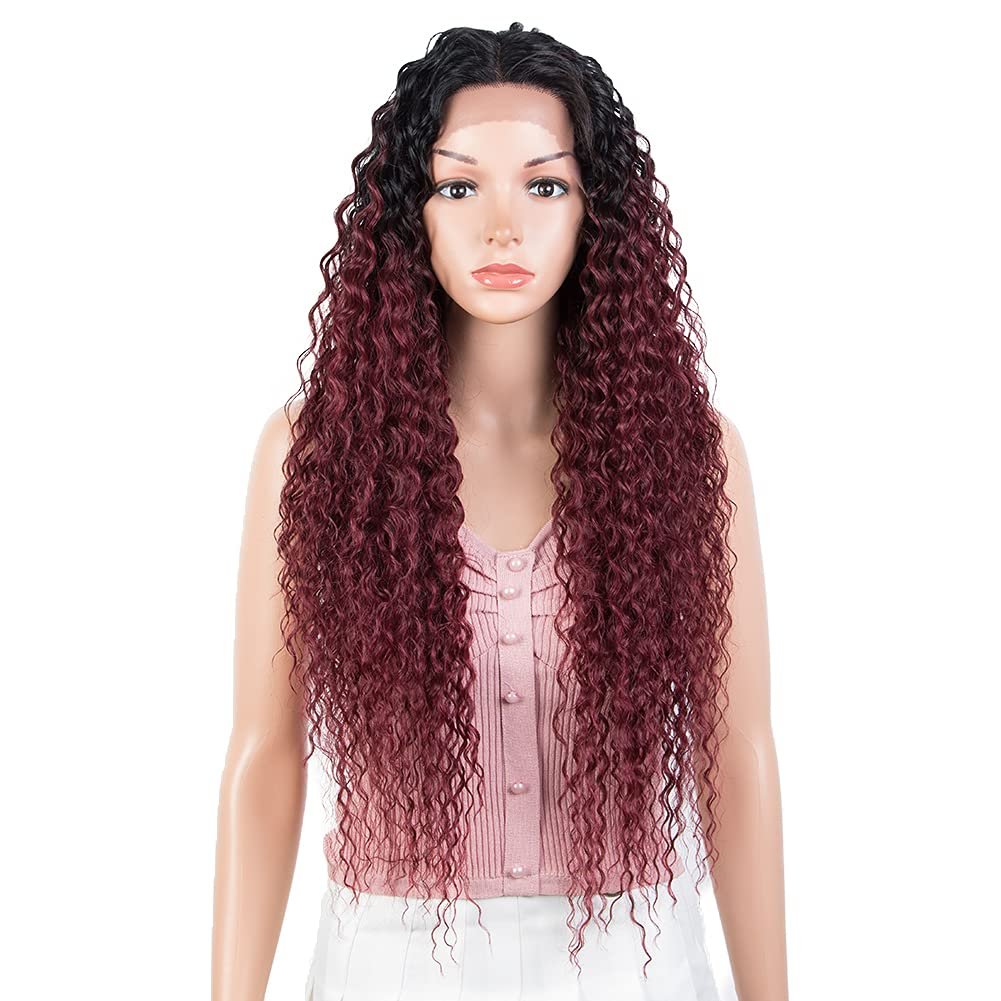 Joedir 28" Long Curly Lace Front with 1.5"x3" Lace Wig Heat Resistant Synthetic Wigs For Black Women 130% Density(Ombre Black to Wine Color) - Image 2