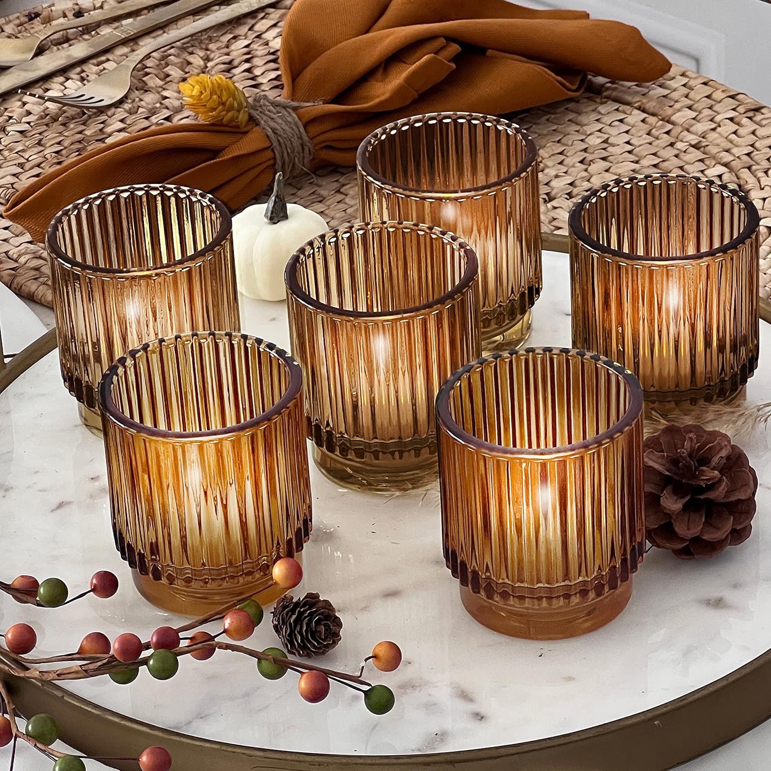 Kate Aspen Vintage Ribbed Amber Glass Tealight & Votive Candle Holders (Set of 6), Fall Decor, Boho Decor, Shelf Decoration (27206AB) - Image 2