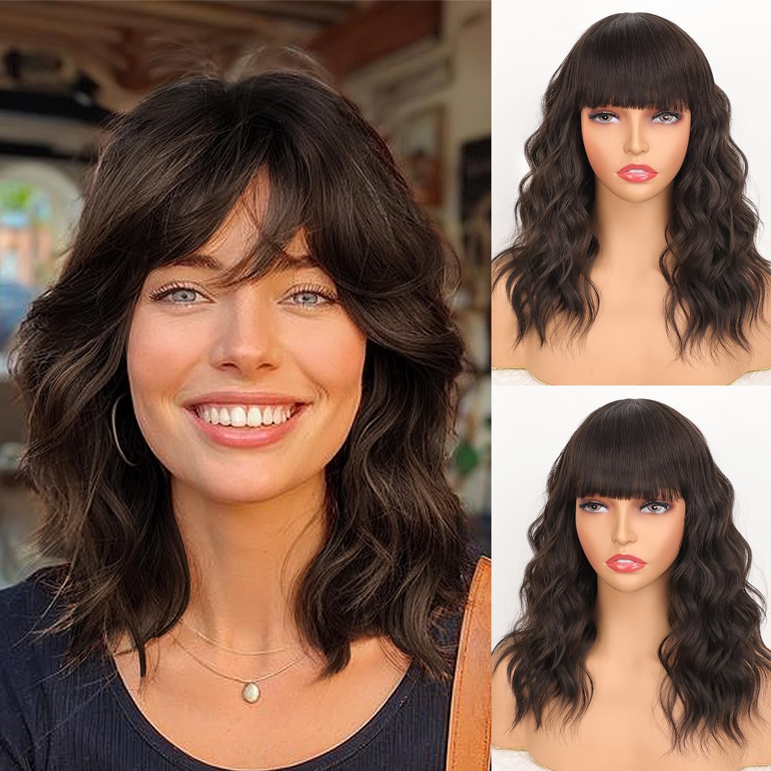 Nnzes Short Bob Wig with Bangs for Women Shoulder Length Bob Curly Wig Dark Brown Wavy Wig Synthetic Heat Resistant Fiber Hair for Daily Party Use - Image 2