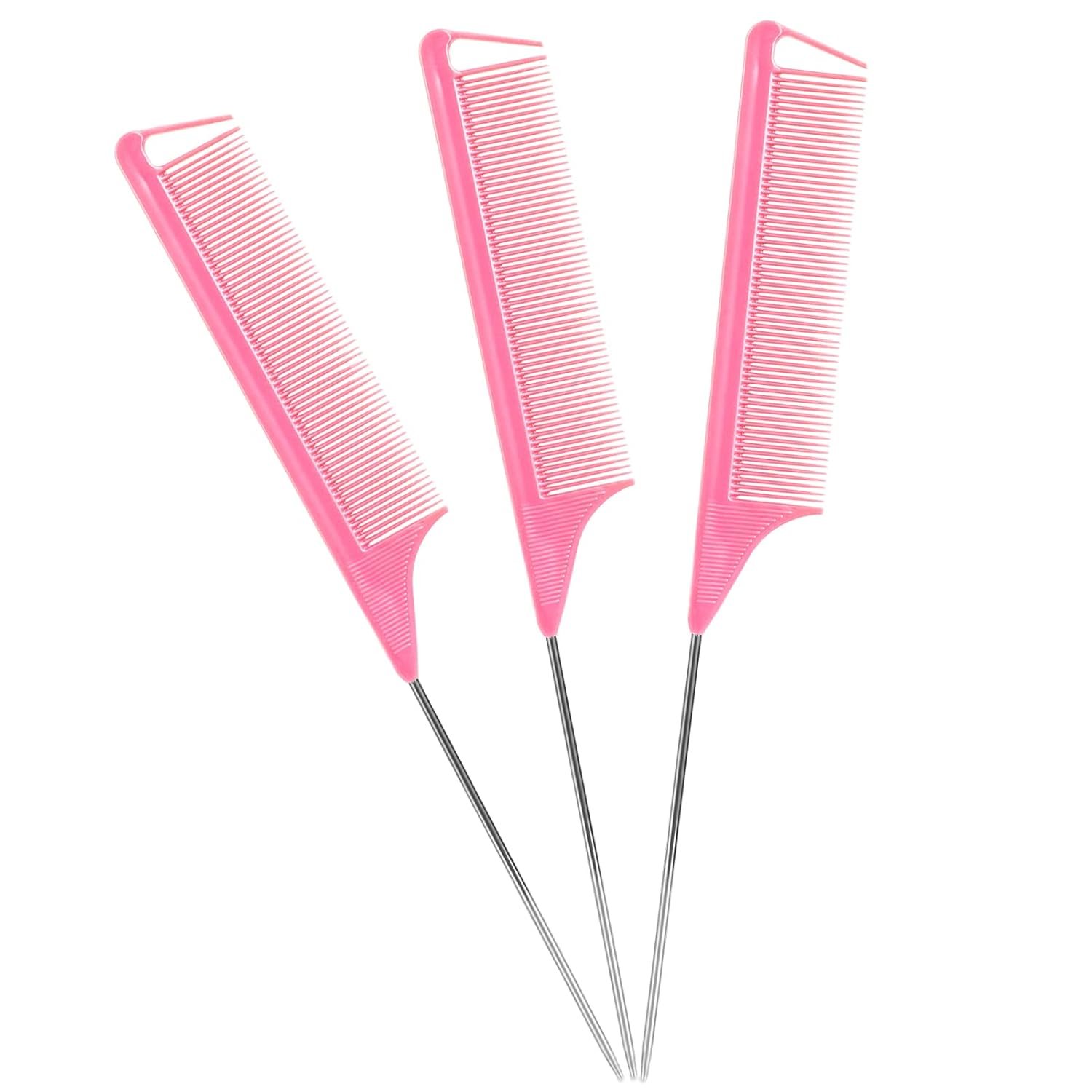 Rat Tail Combs Set - 3 Pack Long Steel Pin Combs for Hair Stylists, Parting and Teasing, Great for All Hair Types (Pink) - Image 2