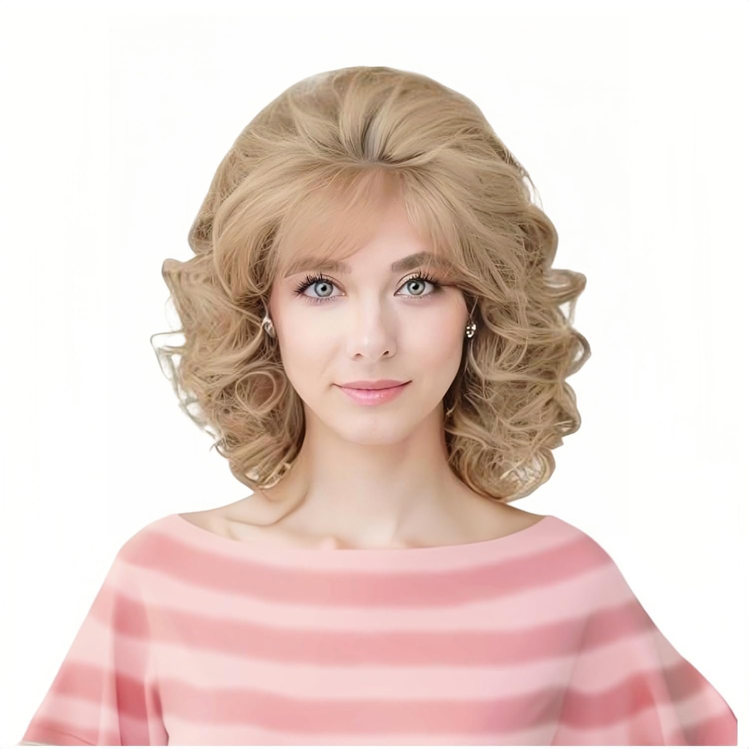 Rugelyss Vintage Short Blonde Beehive Wig with Bangs Curly Wavy Heat Resistant Synthetic Hair Wigs for Women fits 70s 80s Costume or Halloween and Party - Image 2