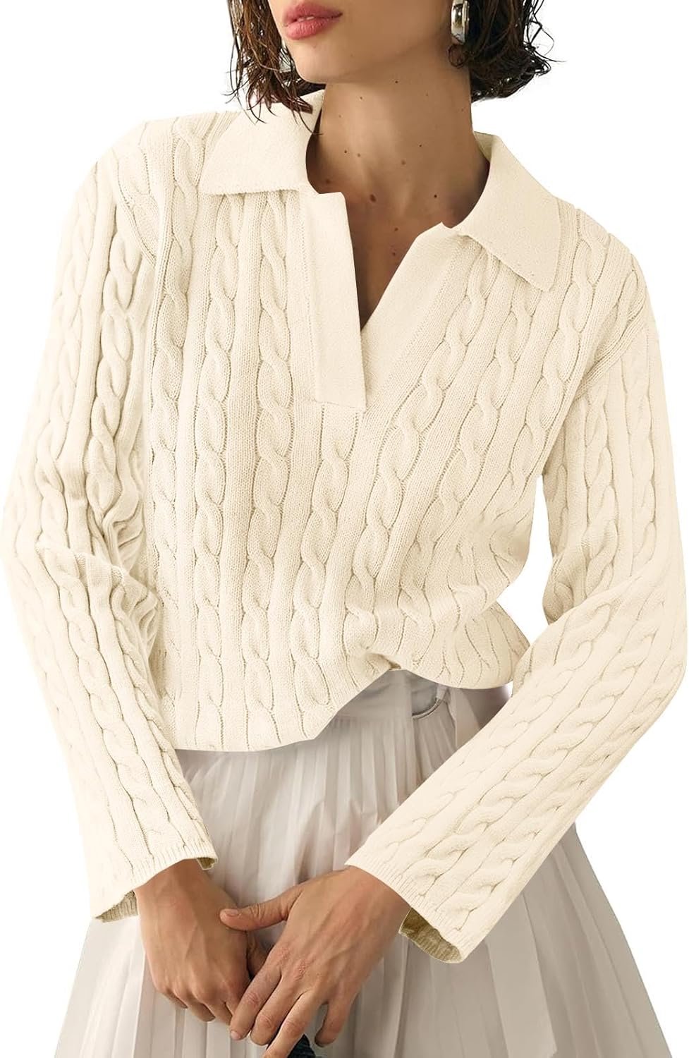 Saodimallsu Womens Cable Knit V Neck Sweater Fall Trendy Collared Long Sleeve Slouchy Loose Pullover Sweaters Tops - Image 2