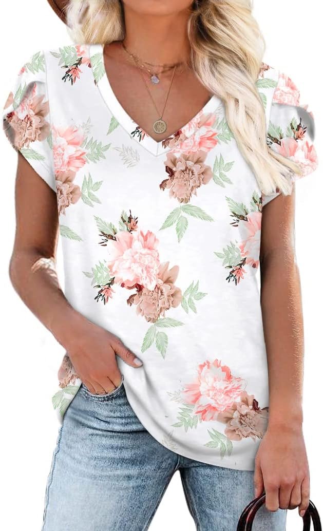 WIHOLL Womens Summer Tops 2024 Fashion Trendy Short Sleeve Shirts V Neck Dressy Casual Floral - Image 2