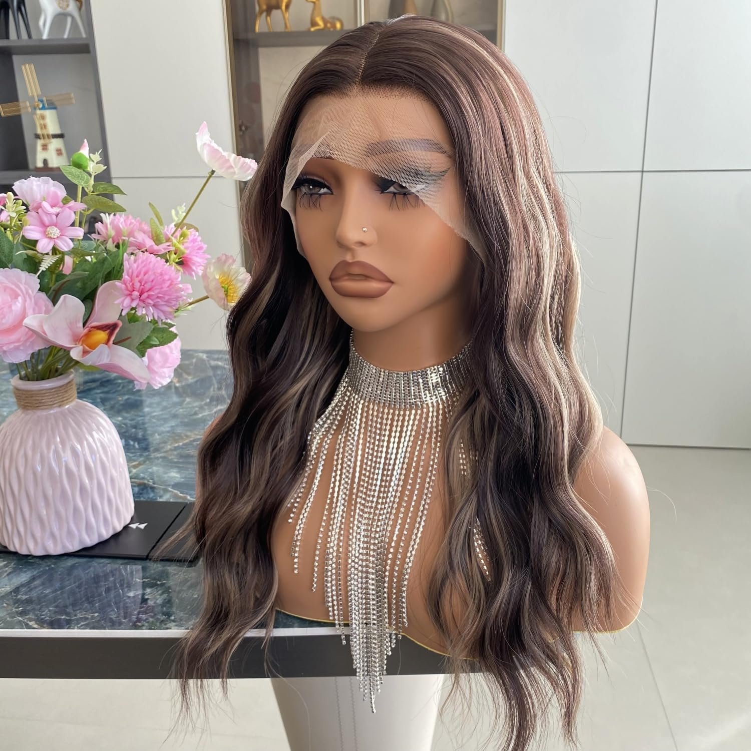 Auburn Brown Wigs Highlight Ash Blonde Mixed 13x4 Lace Front Wig Ombre Dark Color 4/27 Colored Piano Synthetic Fiber Body Wave 18Inch for Women - Image 3