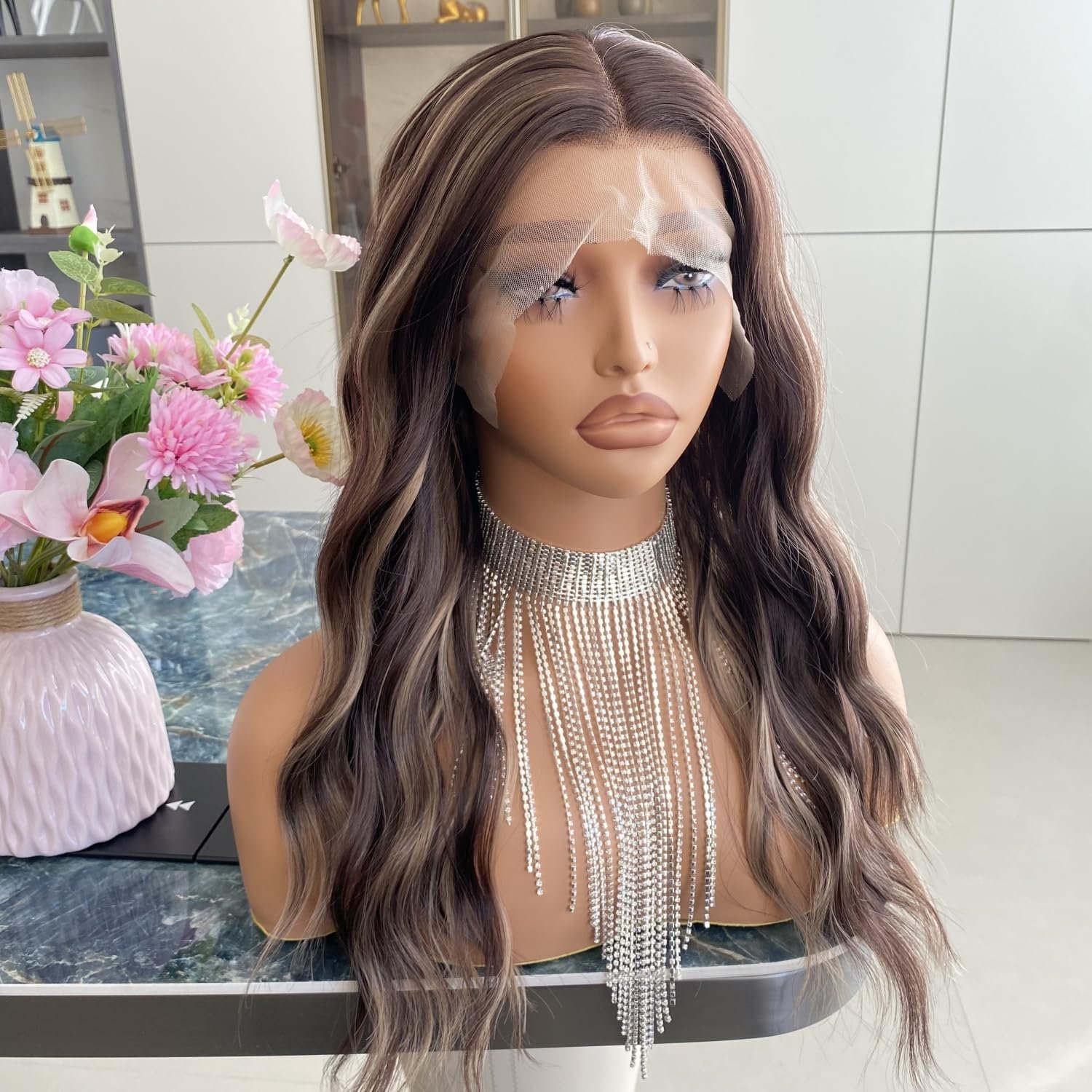 Auburn Brown Wigs Highlight Ash Blonde Mixed 13x4 Lace Front Wig Ombre Dark Color 4/27 Colored Piano Synthetic Fiber Body Wave 18Inch for Women - Image 4