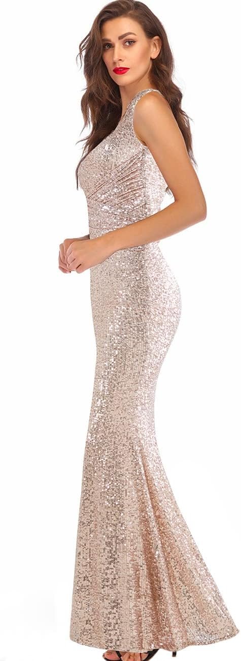 A ARFAR Women Wedding Sequin Dress V-Neck Sleeveless Dress Mermaid Maxi Long Dress Formal Evening Prom Gowns - Image 3