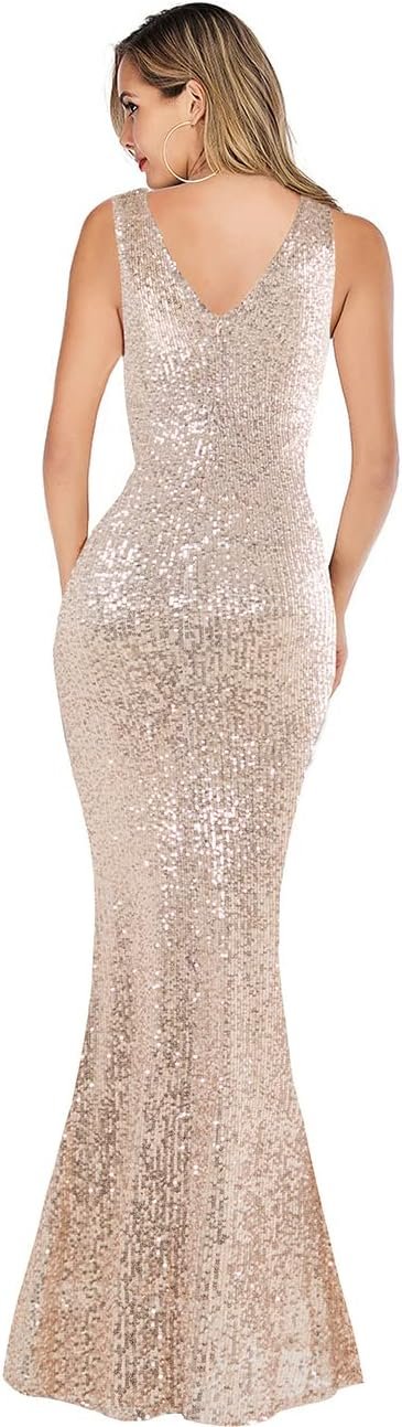 A ARFAR Women Wedding Sequin Dress V-Neck Sleeveless Dress Mermaid Maxi Long Dress Formal Evening Prom Gowns - Image 4
