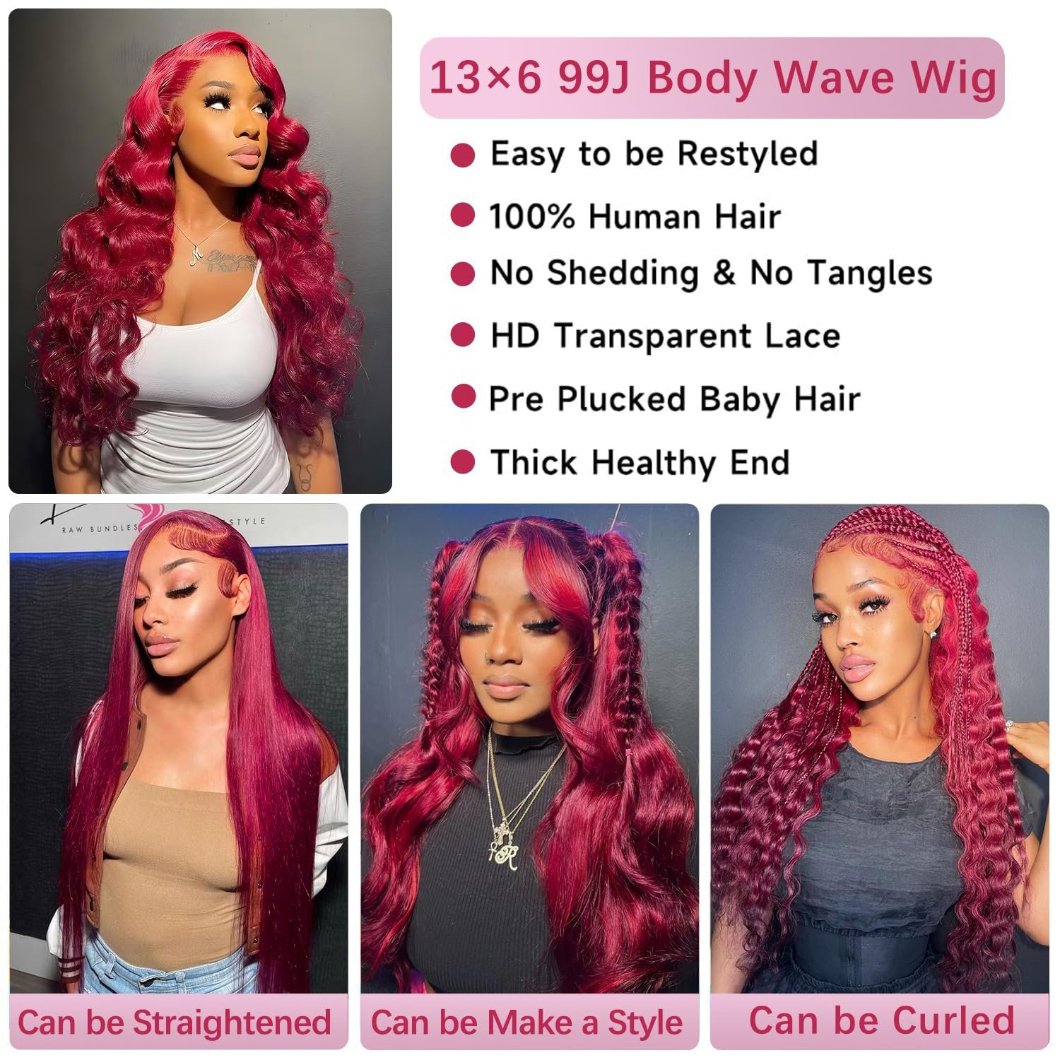 99j Burgundy Lace Front Wigs Human Hair 13x6 Body Wave Lace Front Wigs Human Hair Pre Plucked 180 Density HD Transparent Burgundy Wig Red Colored Wigs Human Hair for Women with Baby Hair 18 Inch - Image 6
