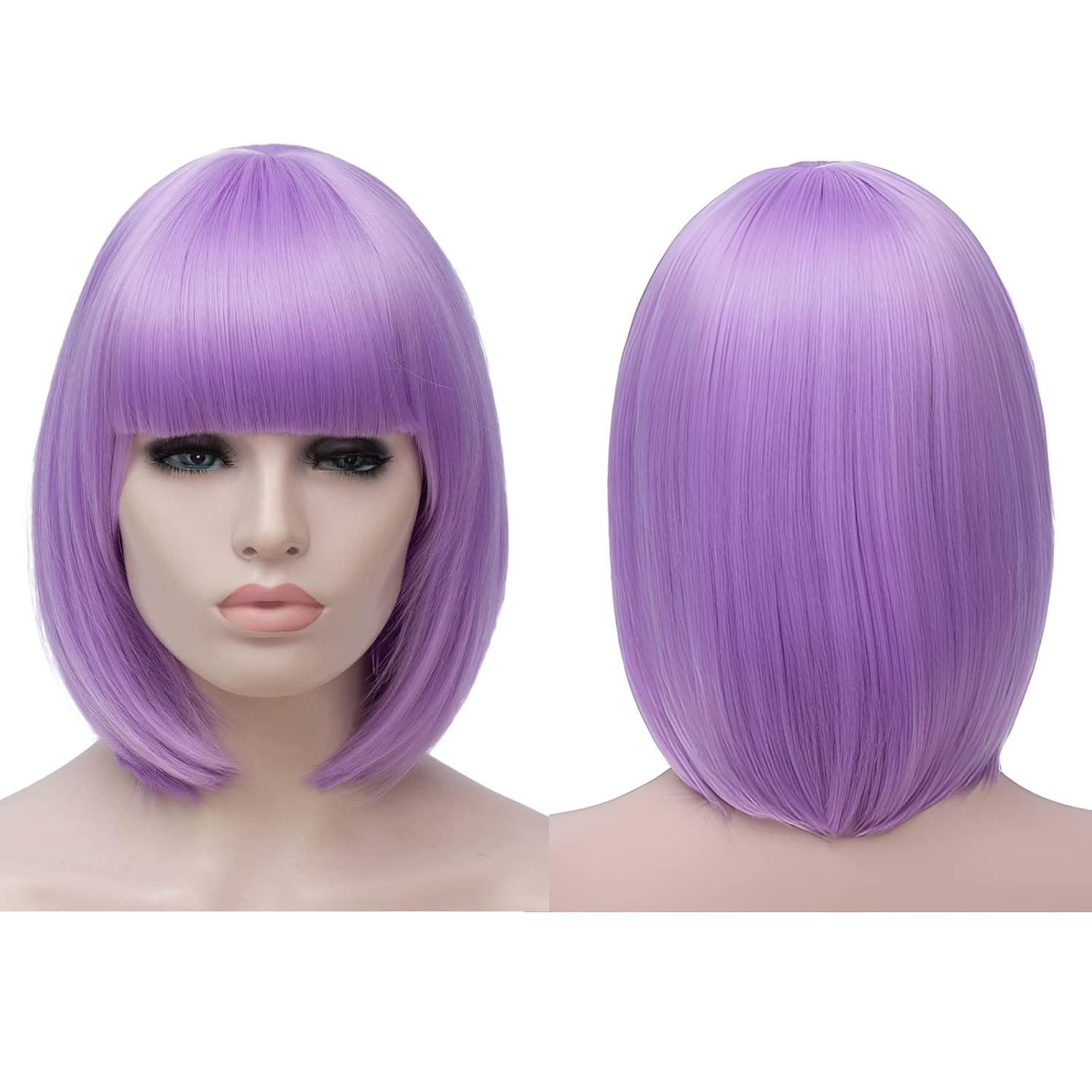 Akkya Wigs for Women Short Colored Hair Wig with Bangs Wavy Synthetic Bob Shoulder Length Light Purple Wig for Party Costume Cosplay (12inch,light purple) - Image 3