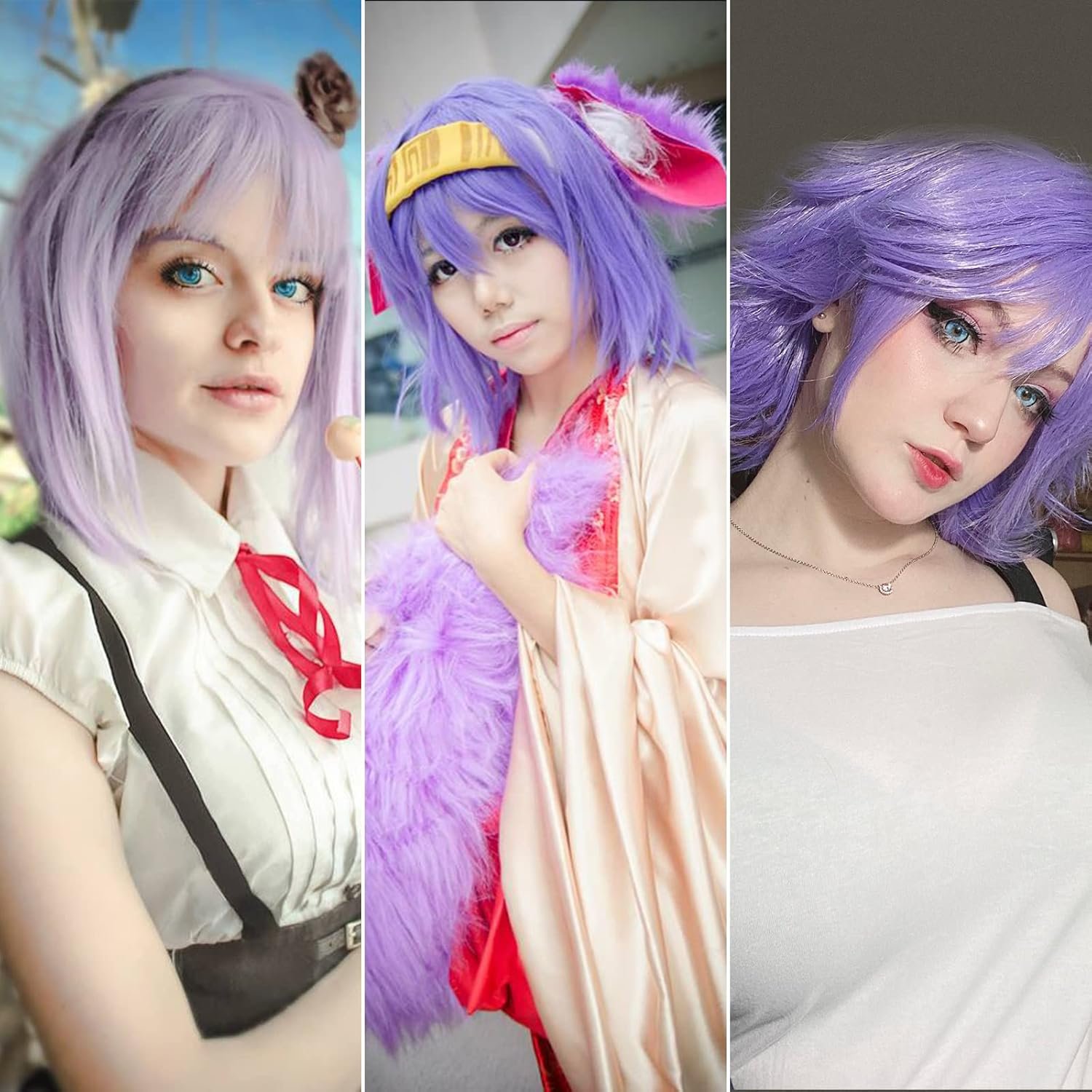 Akkya Wigs for Women Short Colored Hair Wig with Bangs Wavy Synthetic Bob Shoulder Length Light Purple Wig for Party Costume Cosplay (12inch,light purple) - Image 5