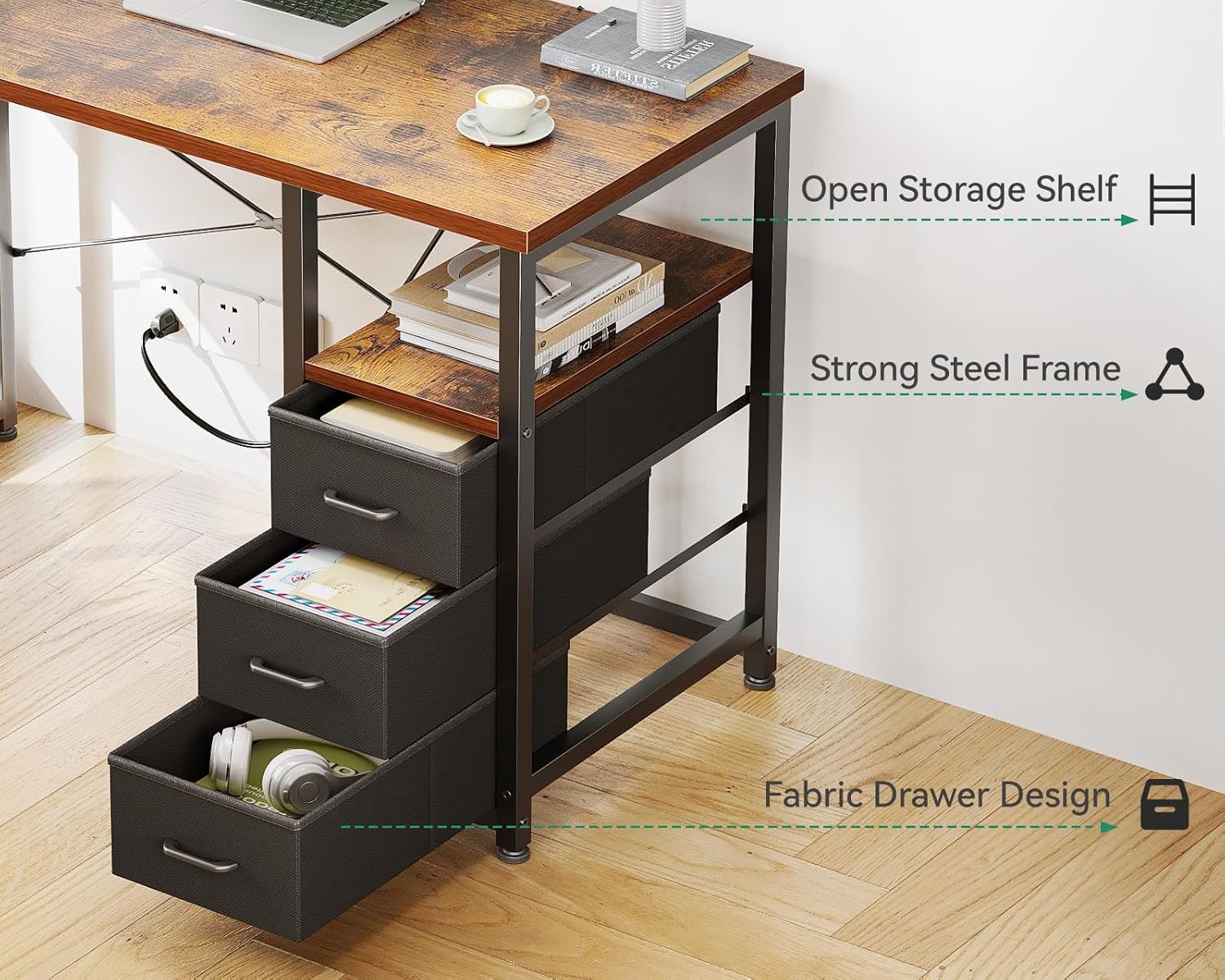 AODK 32" Small Computer Desk with Fabric Drawers and Charging Station, Kids Girls Teen Study Writing Desk for Bedroom, Home Office Desk with Storage Shelf & Bag, Vanity Table for Small Space, Vintage - Image 5