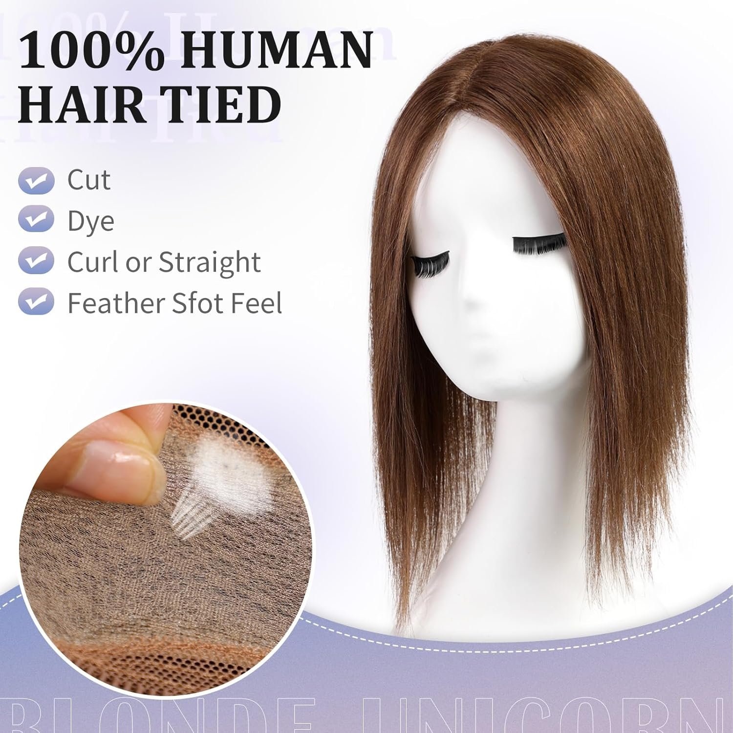 BLONDE UNICORN 5"*5.5" Base Human Hair Toppers,Natural Brown Middle Part Hair Toppers,Brown Hair Toppers for Women with Thinning Hair Cover 14IN - Image 3
