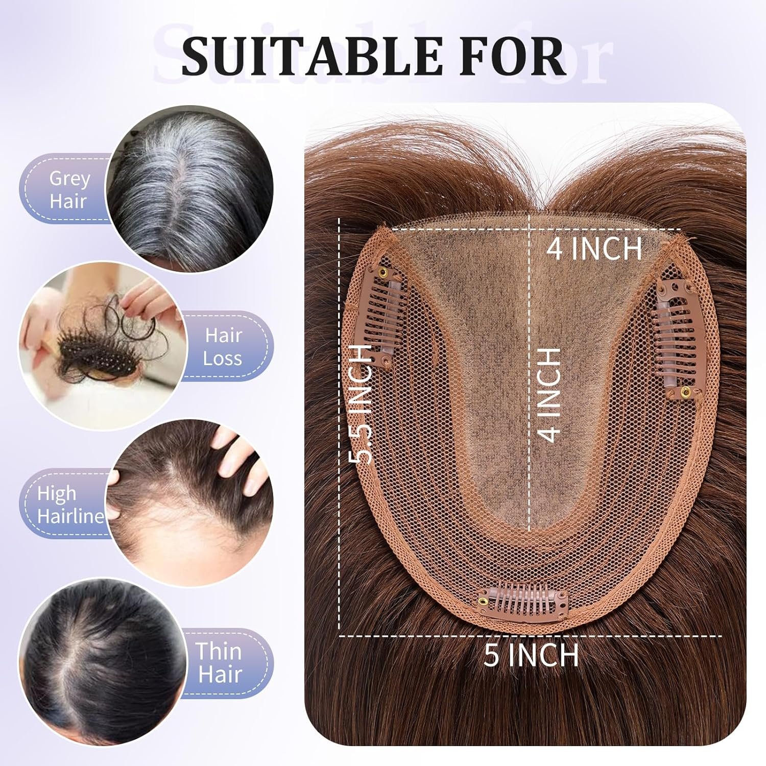 BLONDE UNICORN 5"*5.5" Base Human Hair Toppers,Natural Brown Middle Part Hair Toppers,Brown Hair Toppers for Women with Thinning Hair Cover 14IN - Image 4