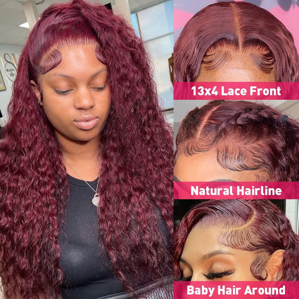99J Burgundy Deep Wave Lace Front Wigs Human Hair Pre Plucked with Baby Hair 13x4 HD Transparent Lace Frontal Wigs Human Hair Wigs for Women 180% Density Glueless Lace Colored Wigs 22 inch - Image 3