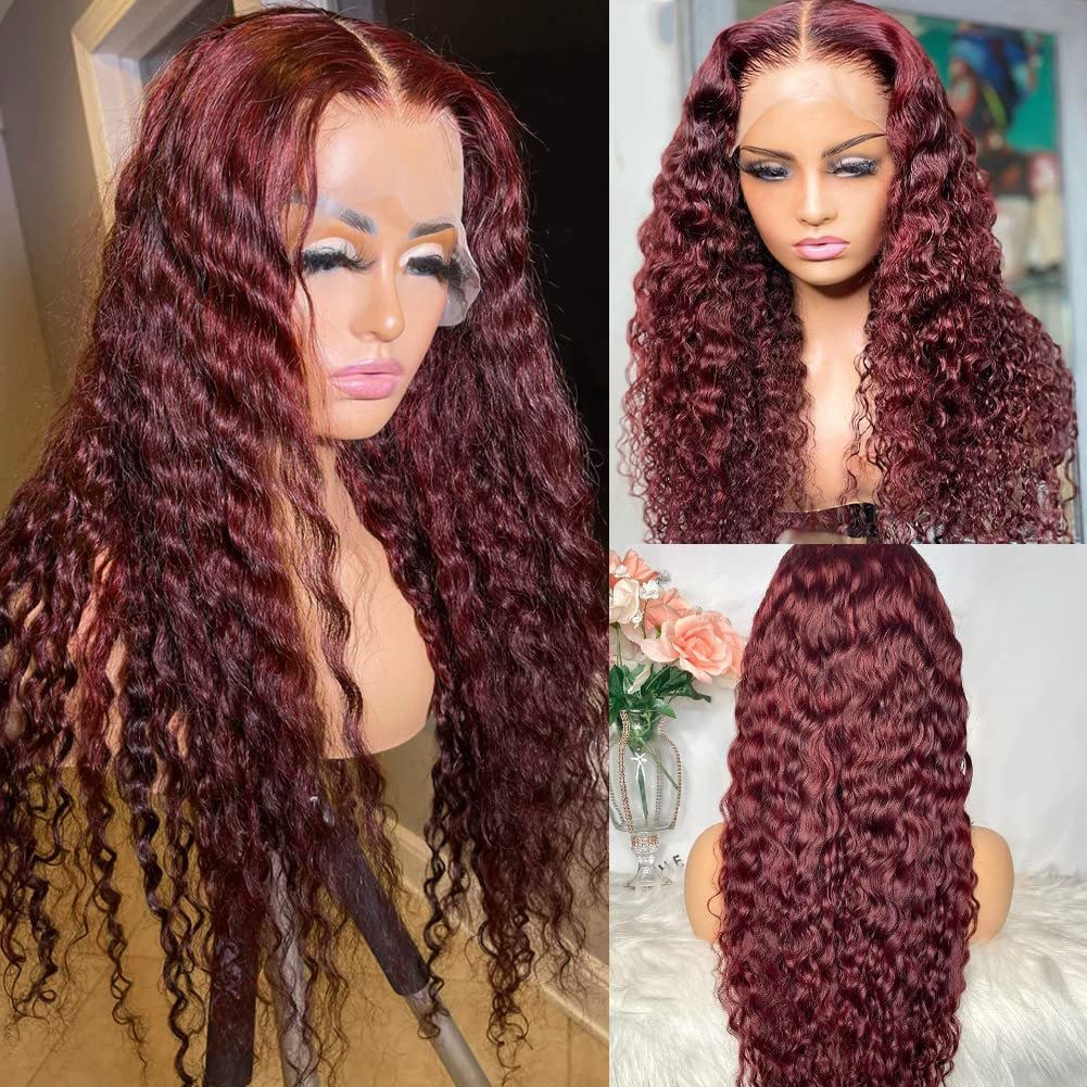 99J Burgundy Deep Wave Lace Front Wigs Human Hair Pre Plucked with Baby Hair 13x4 HD Transparent Lace Frontal Wigs Human Hair Wigs for Women 180% Density Glueless Lace Colored Wigs 22 inch - Image 4