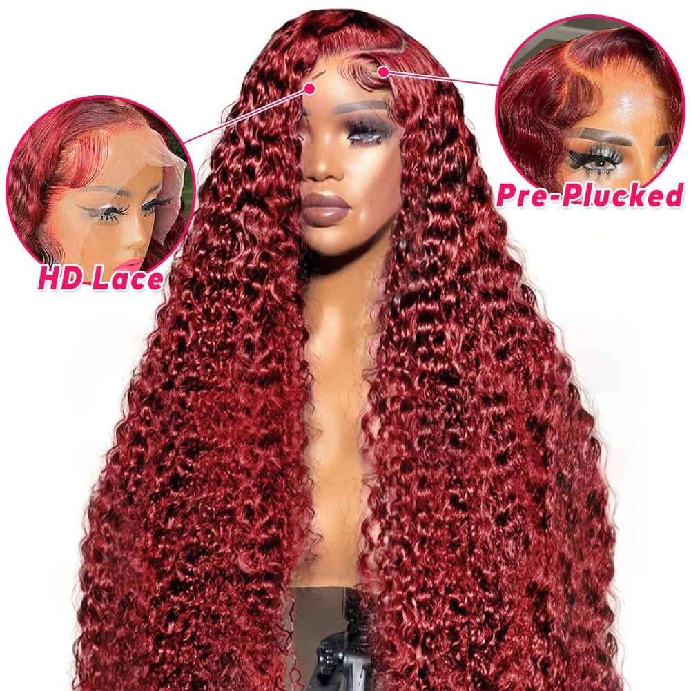 99J Burgundy Deep Wave Lace Front Wigs Human Hair Pre Plucked with Baby Hair 13x4 HD Transparent Lace Frontal Wigs Human Hair Wigs for Women 180% Density Glueless Lace Colored Wigs 22 inch - Image 5