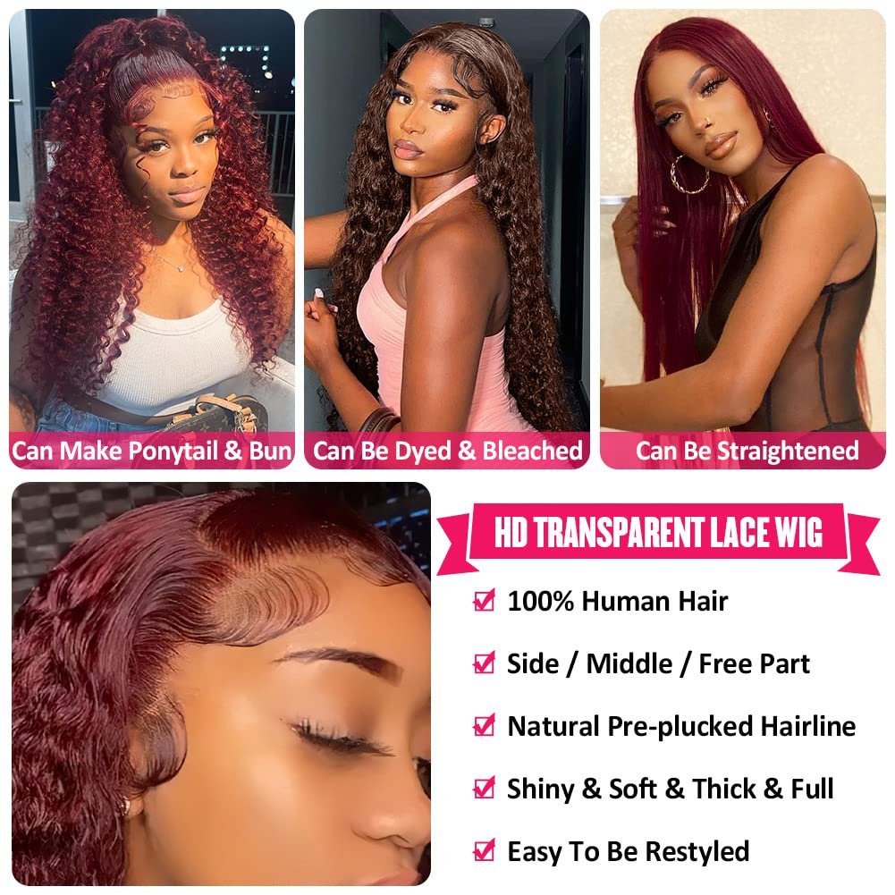 99J Burgundy Deep Wave Lace Front Wigs Human Hair Pre Plucked with Baby Hair 13x4 HD Transparent Lace Frontal Wigs Human Hair Wigs for Women 180% Density Glueless Lace Colored Wigs 22 inch - Image 6