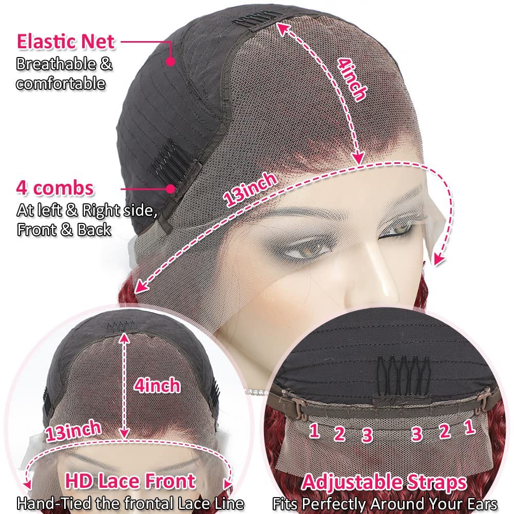 99J Burgundy Deep Wave Lace Front Wigs Human Hair Pre Plucked with Baby Hair 13x4 HD Transparent Lace Frontal Wigs Human Hair Wigs for Women 180% Density Glueless Lace Colored Wigs 22 inch - Image 7