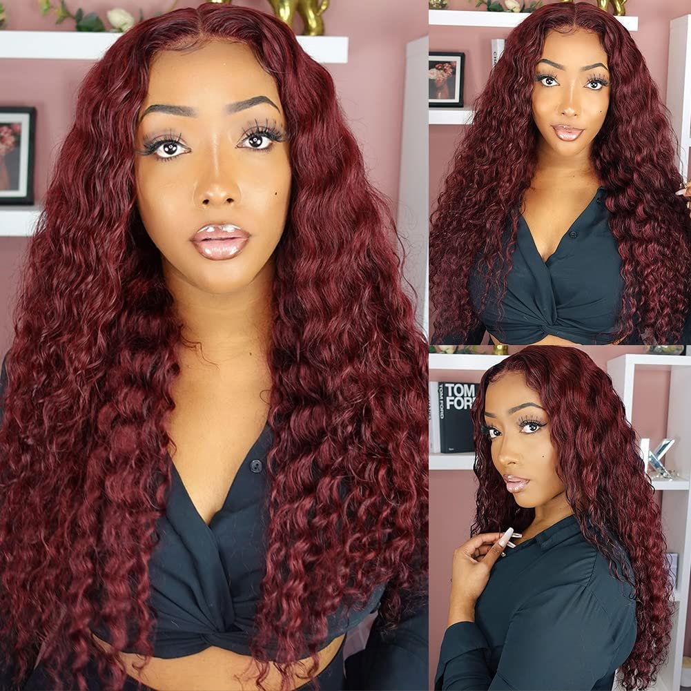 99J Burgundy Deep Wave Lace Front Wigs Human Hair Pre Plucked with Baby Hair 13x4 HD Transparent Lace Frontal Wigs Human Hair Wigs for Women 180% Density Glueless Lace Colored Wigs 22 inch - Image 8