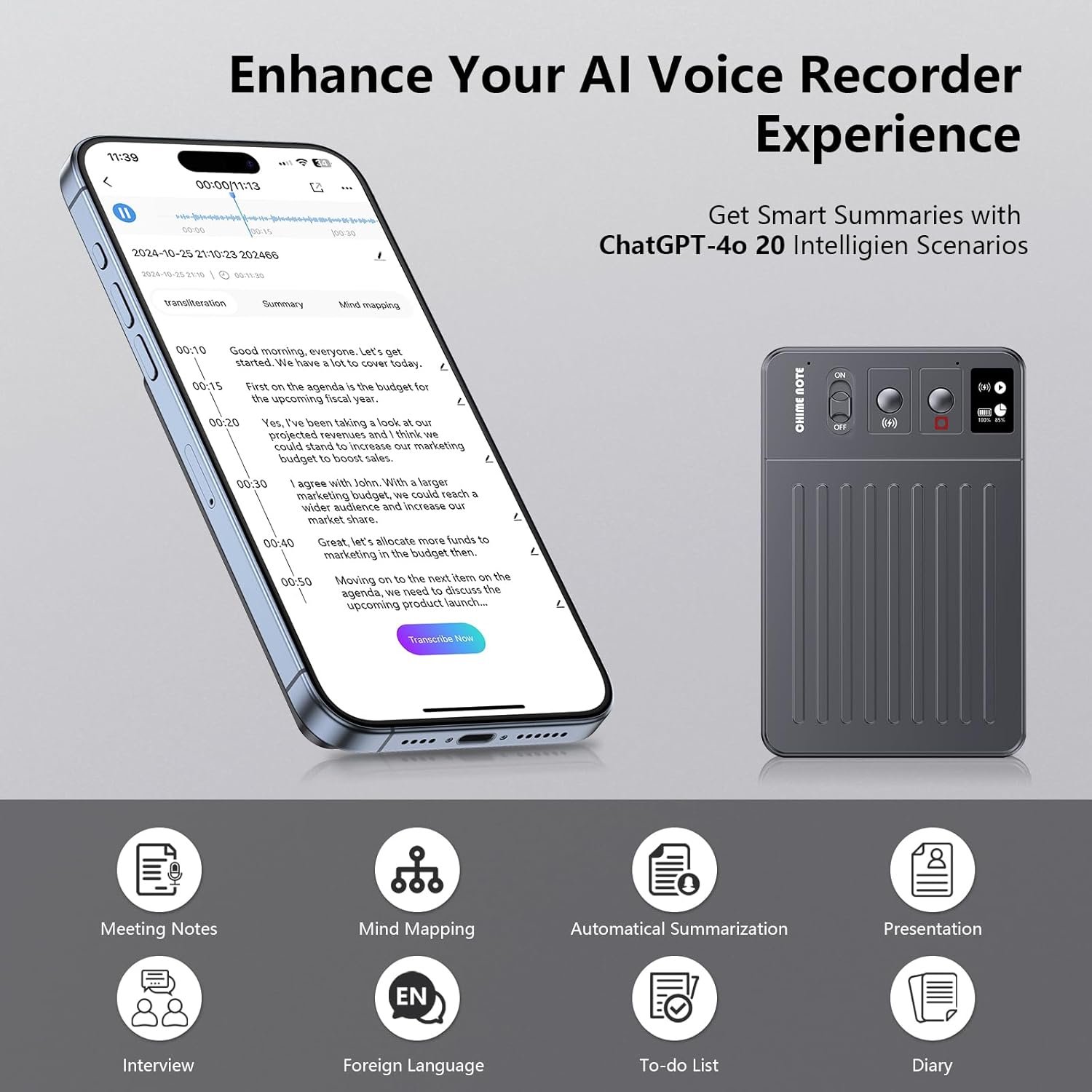 AI Voice Recorder, Voice Recorder with APP Control, No Fee for Transcribe & Summarize Empowered by ChatGPT, Support 107 Languages, 64GB Memory, Audio Recorder for Meetings, Lectures, Calls, Grey - Image 4