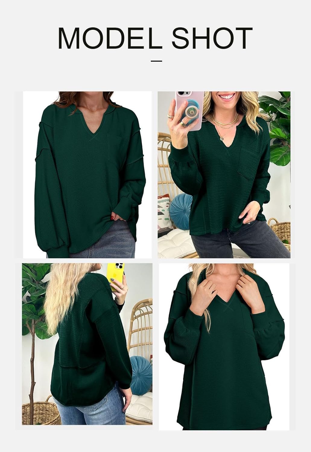 BLENCOT Womens Casual Sweatshirts Crew Neck Long Sleeve 2024 Fashion Waffle Knitted Blouse Pullover Tops with Pocket - Image 3