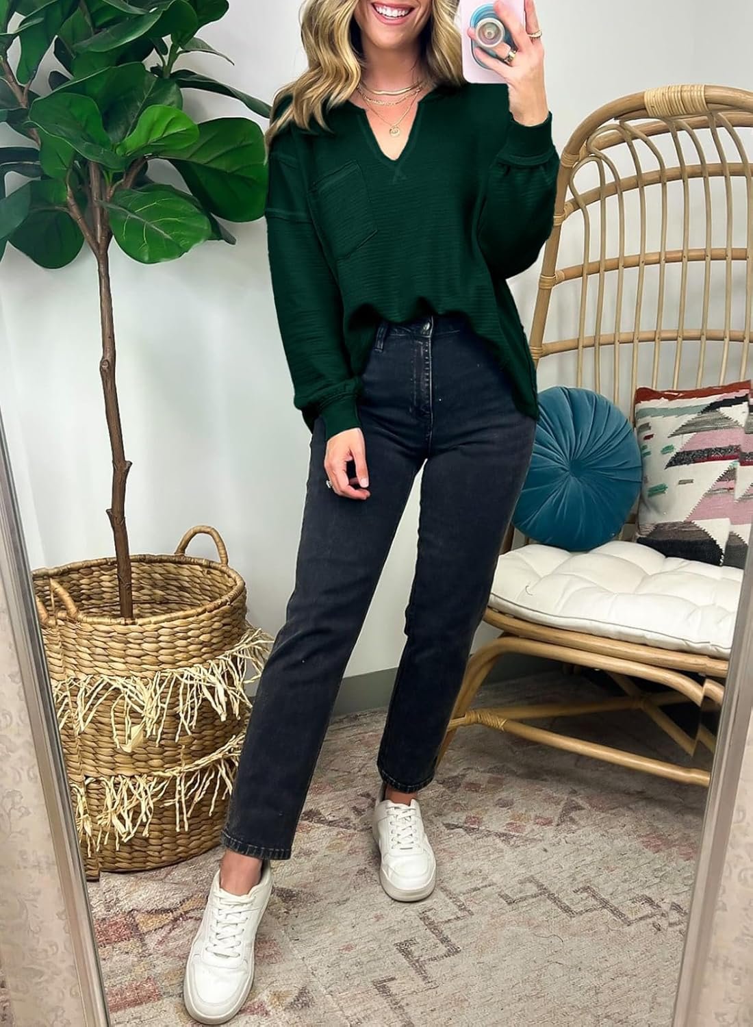 BLENCOT Womens Casual Sweatshirts Crew Neck Long Sleeve 2024 Fashion Waffle Knitted Blouse Pullover Tops with Pocket - Image 4