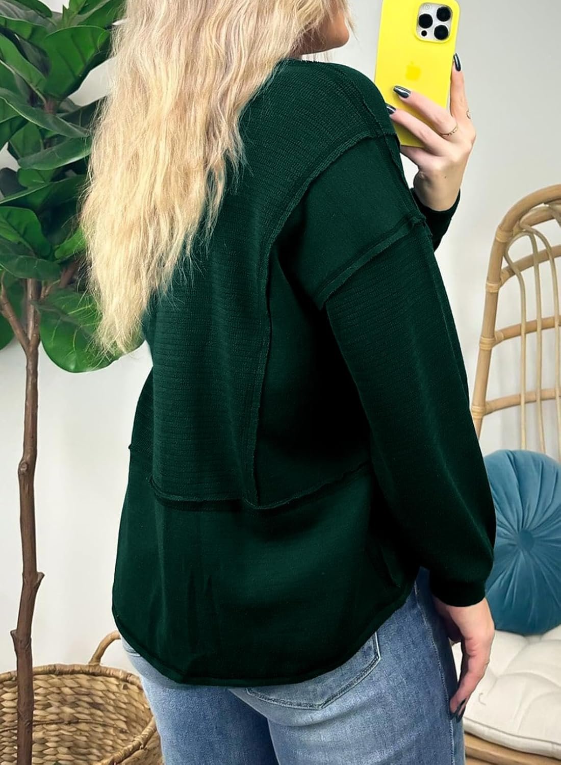 BLENCOT Womens Casual Sweatshirts Crew Neck Long Sleeve 2024 Fashion Waffle Knitted Blouse Pullover Tops with Pocket - Image 5